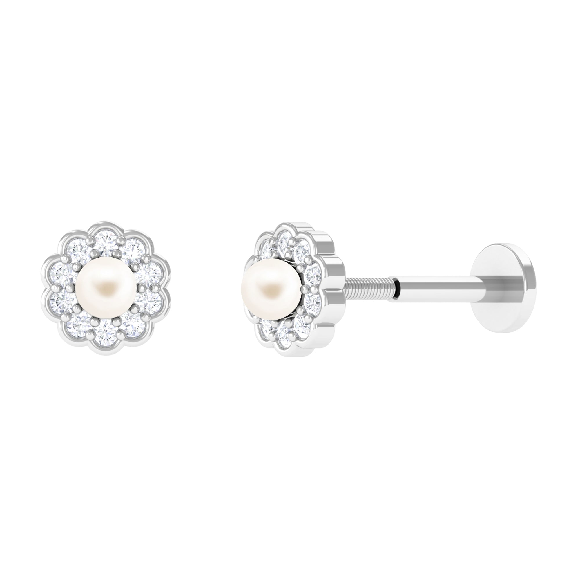 Natural Freshwater Pearl Flower Helix Earrings with Diamond Freshwater Pearl - ( AAA ) - Quality - Arisha Jewels
