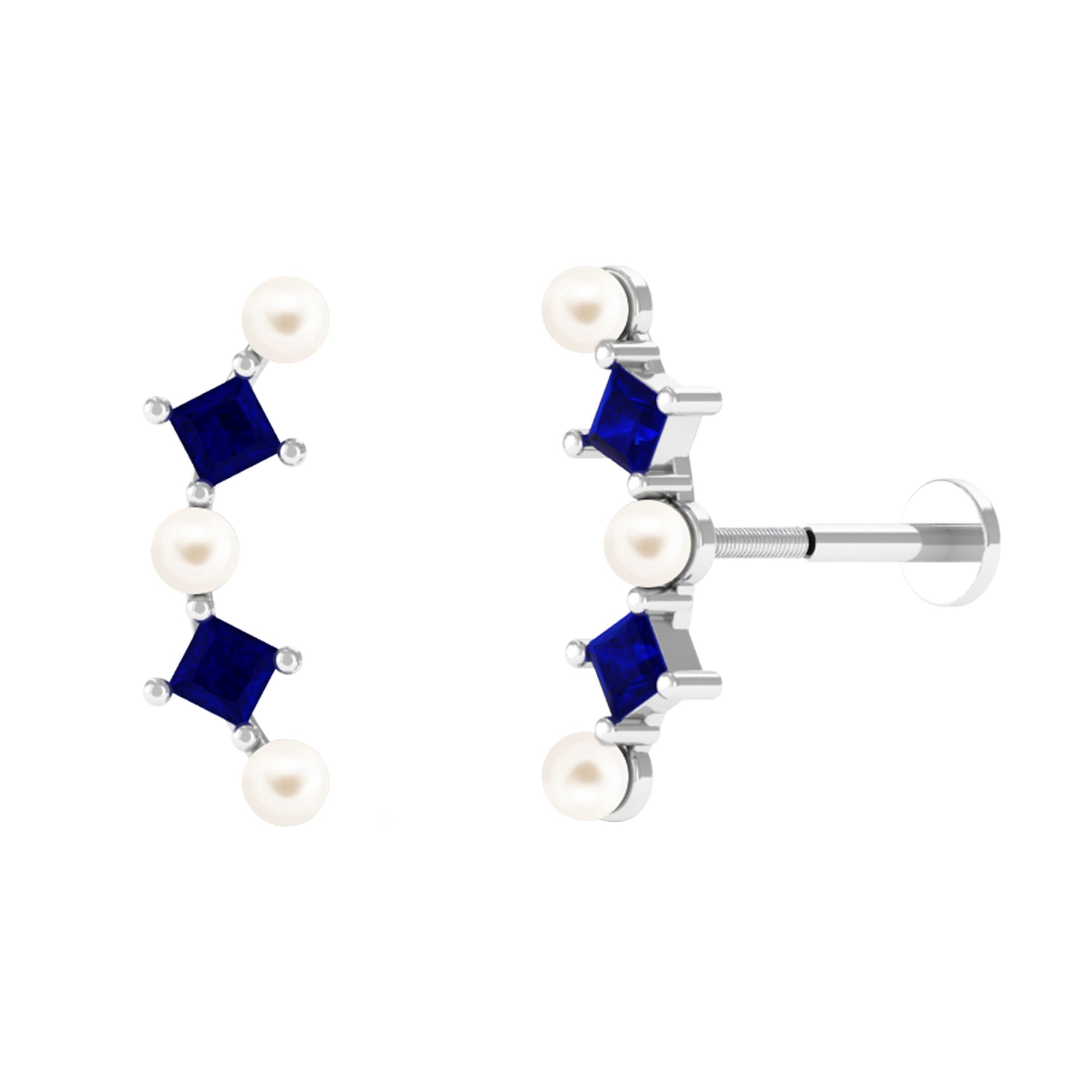 Freshwater Pearl Crawler Earring for Helix Piercing with Sapphire Freshwater Pearl - ( AAA ) - Quality - Arisha Jewels