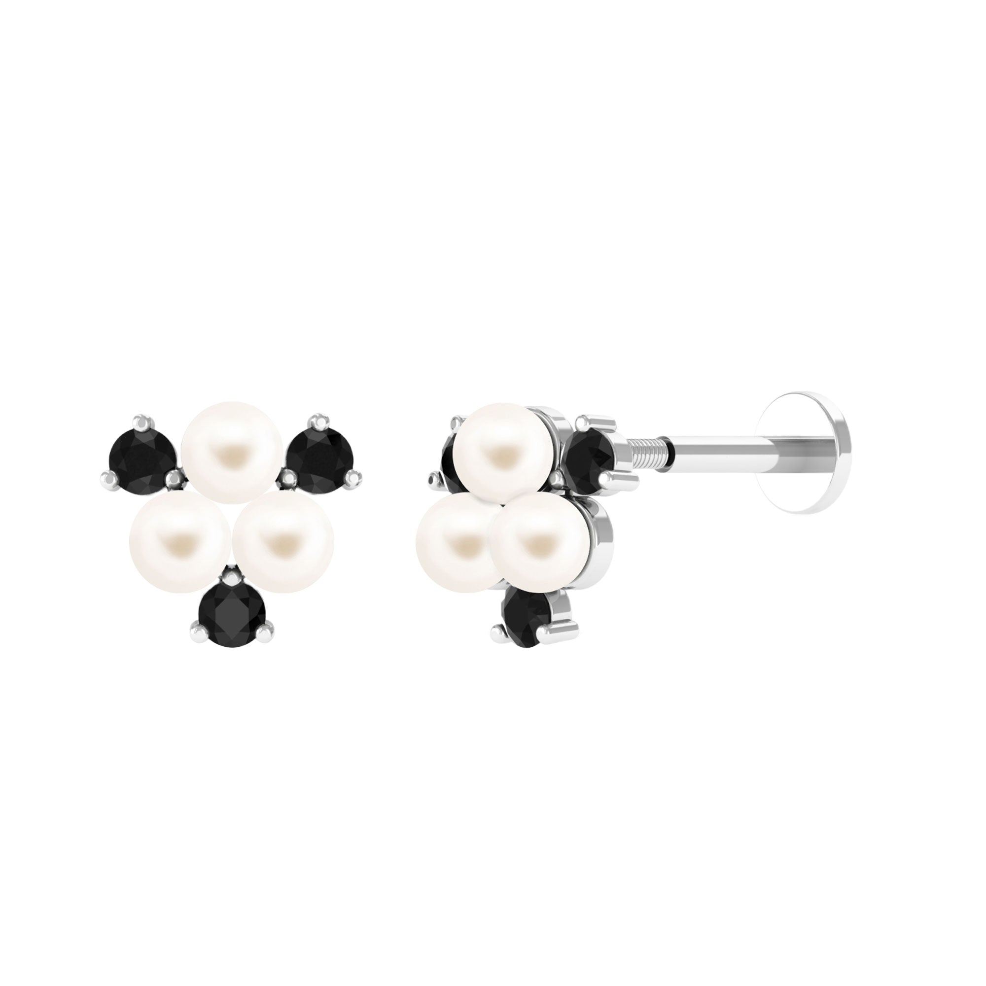 Real Freshwater Pearl Cluster Cartilage Earring with Black Spinel Freshwater Pearl - ( AAA ) - Quality - Arisha Jewels