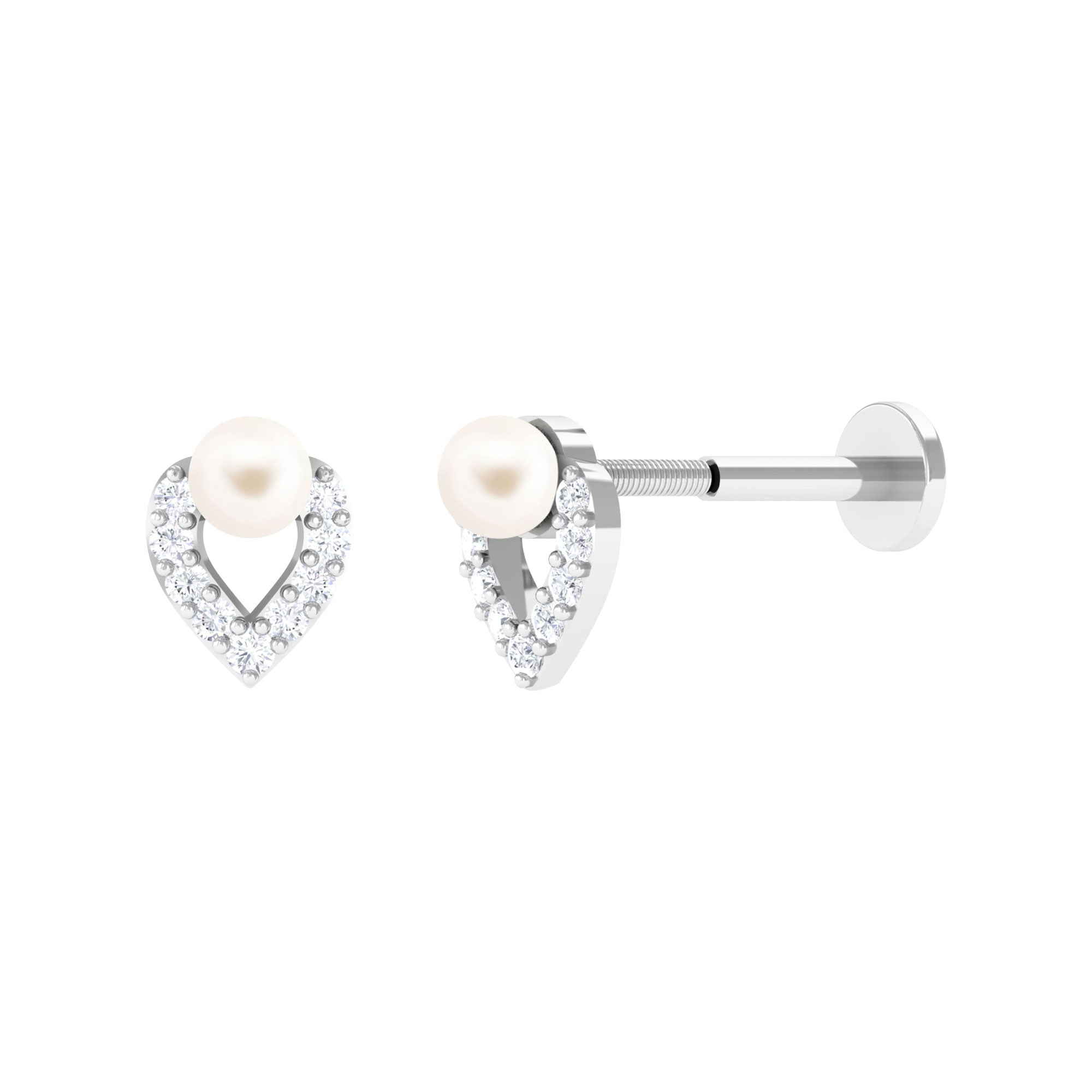 Minimal Freshwater Pearl Leaf Helix Earring with Diamond Freshwater Pearl - ( AAA ) - Quality - Arisha Jewels