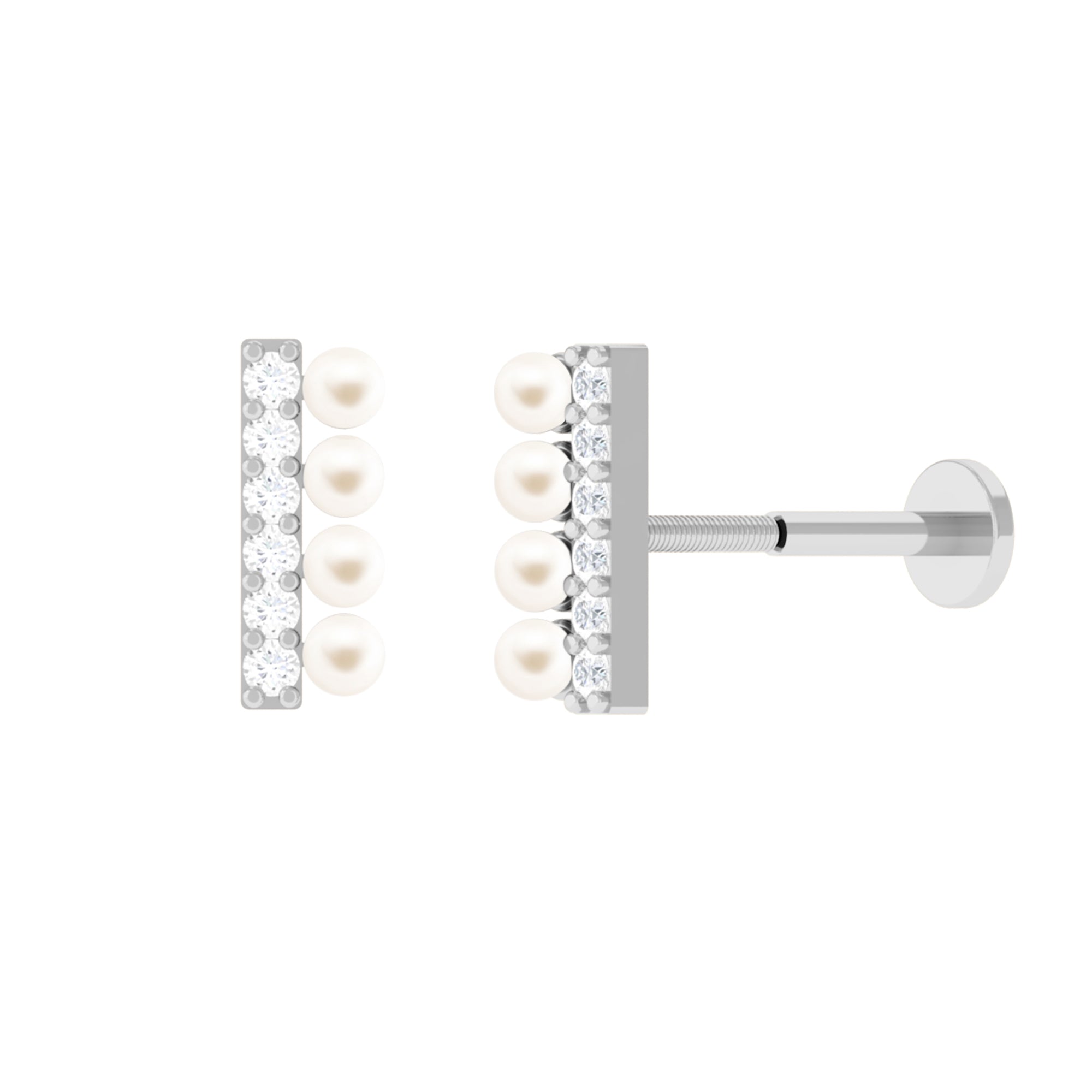 Real Freshwater Pearl Bar Cartilage Earring with Diamond Freshwater Pearl - ( AAA ) - Quality - Arisha Jewels