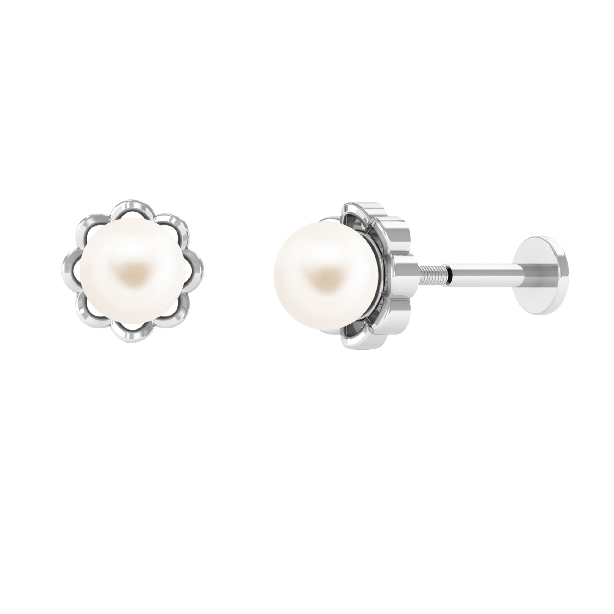 Round Freshwater Pearl Solitaire Flower Earring for Helix Piercing Freshwater Pearl - ( AAA ) - Quality - Arisha Jewels