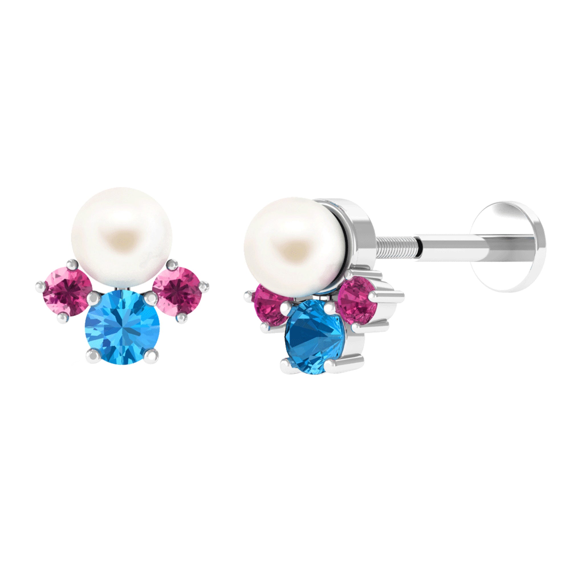 Freshwater Pearl Cluster Earring with Blue Topaz and Pink Tourmaline Freshwater Pearl - ( AAA ) - Quality - Arisha Jewels