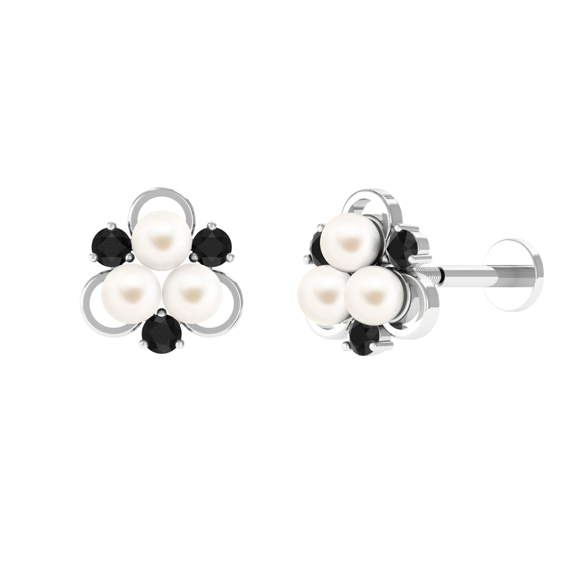 Real Freshwater Pearl Floral Helix Earring with Black Onyx Freshwater Pearl - ( AAA ) - Quality - Arisha Jewels