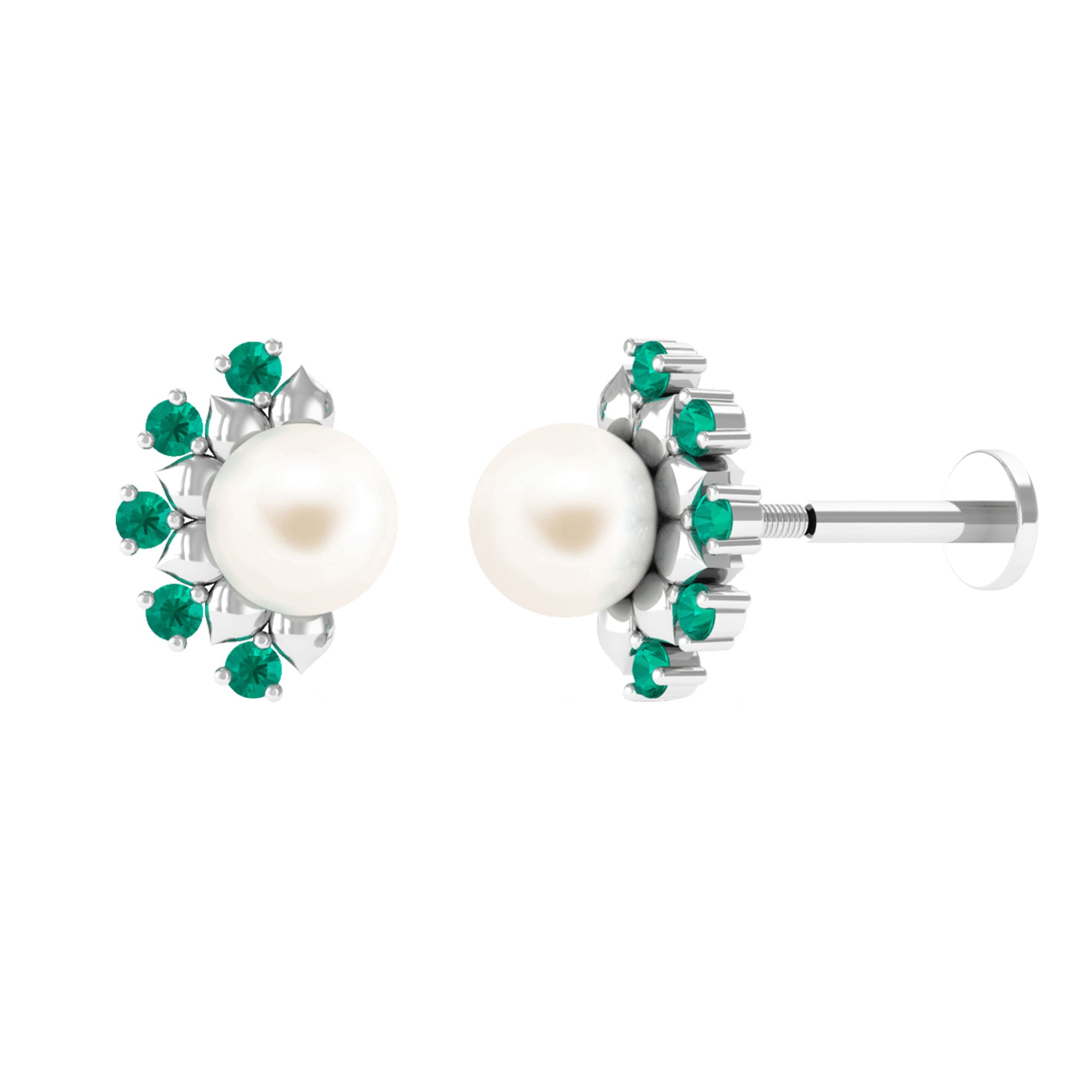 Real Freshwater White Pearl Floral Helix Earrings with Emerald Freshwater Pearl - ( AAA ) - Quality - Arisha Jewels