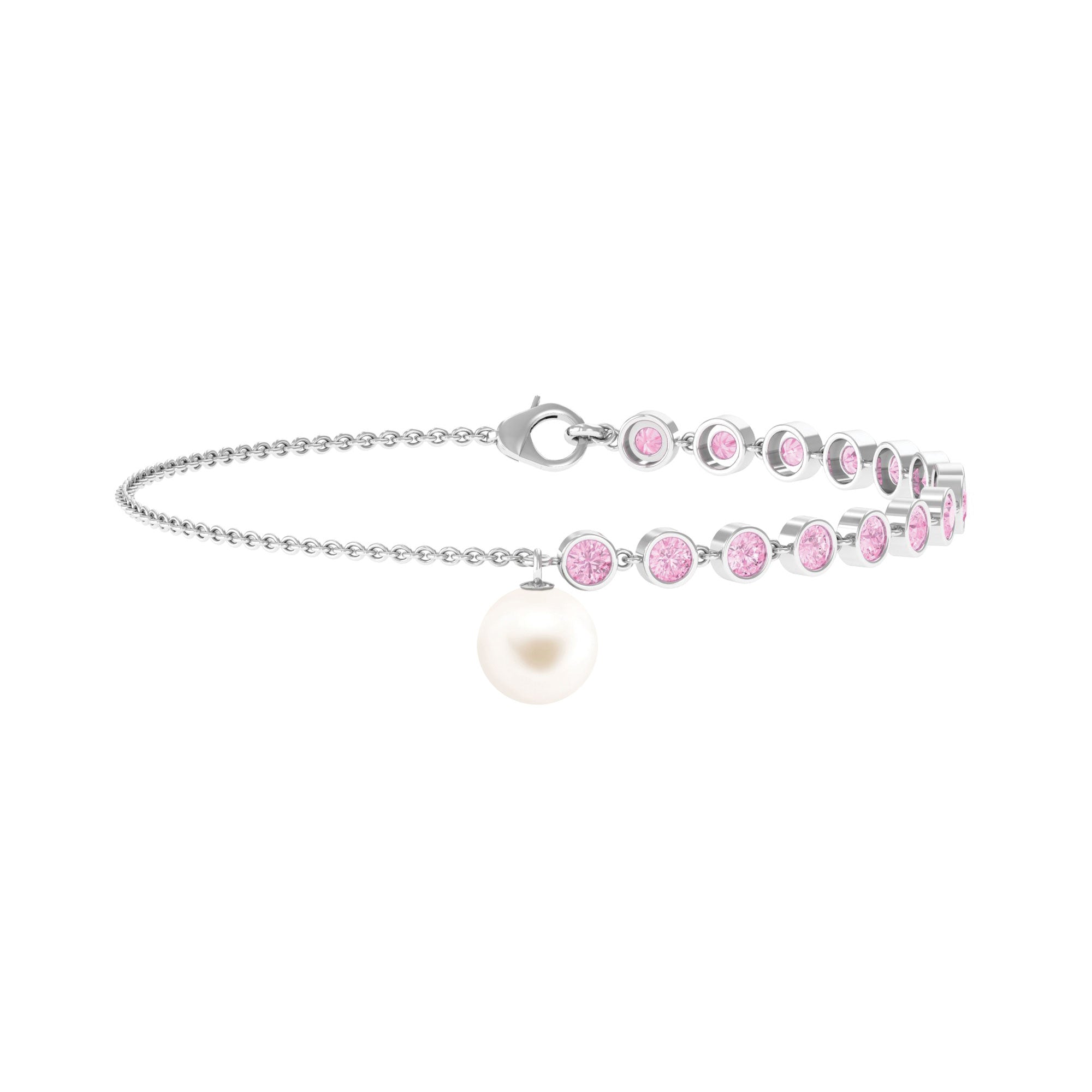 Freshwater Pearl Charm Bracelet with Created Pink Sapphire - Arisha Jewels