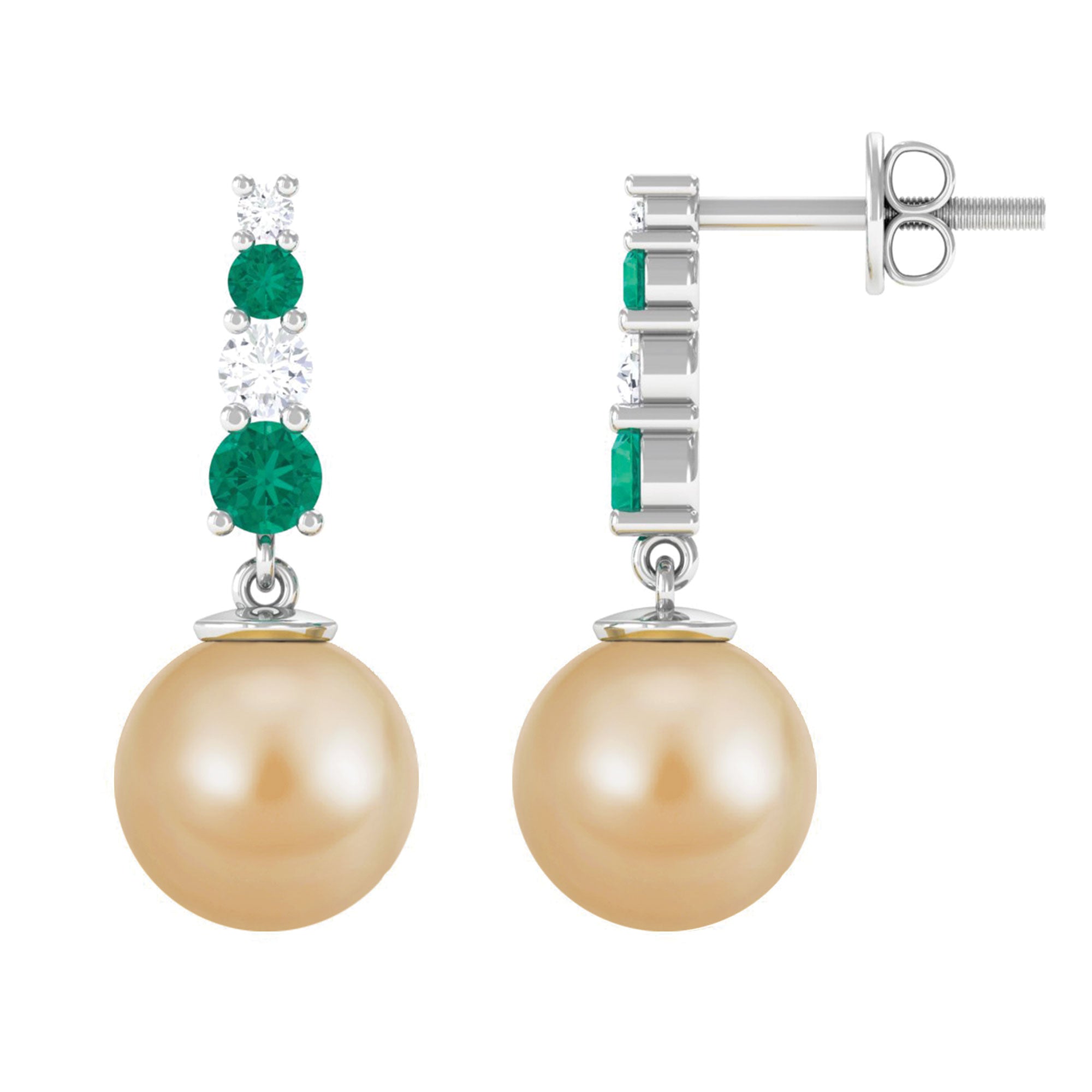 Minimal South Sea Pearl Drop Earrings with Emerald and Diamond South Sea Pearl-AAA Quality - Arisha Jewels