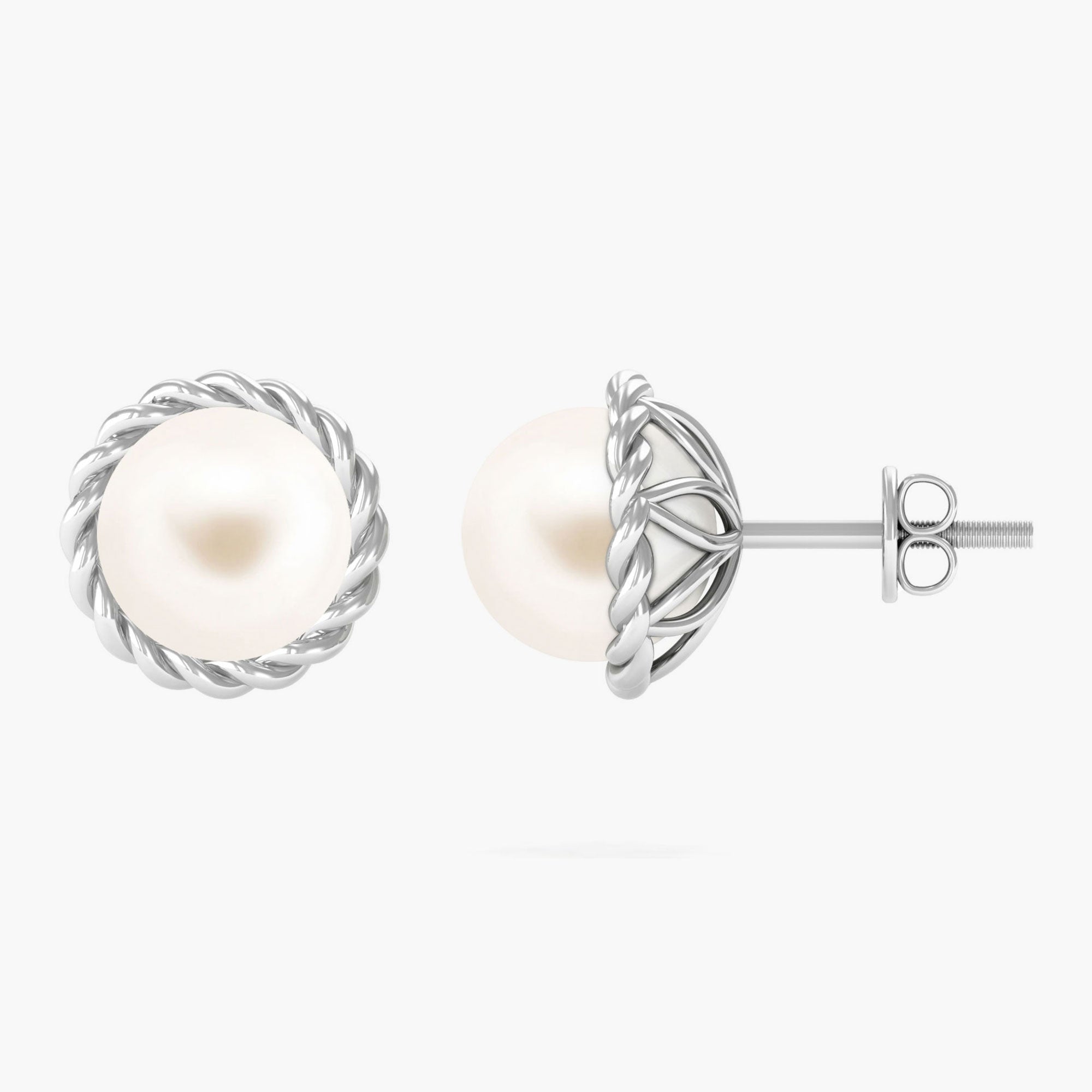 Twisted Rope Framed Pearl Solitaire Stud Earrings Freshwater Pearl - ( AAA ) - Quality 92.5 Sterling Silver - Arisha Jewels