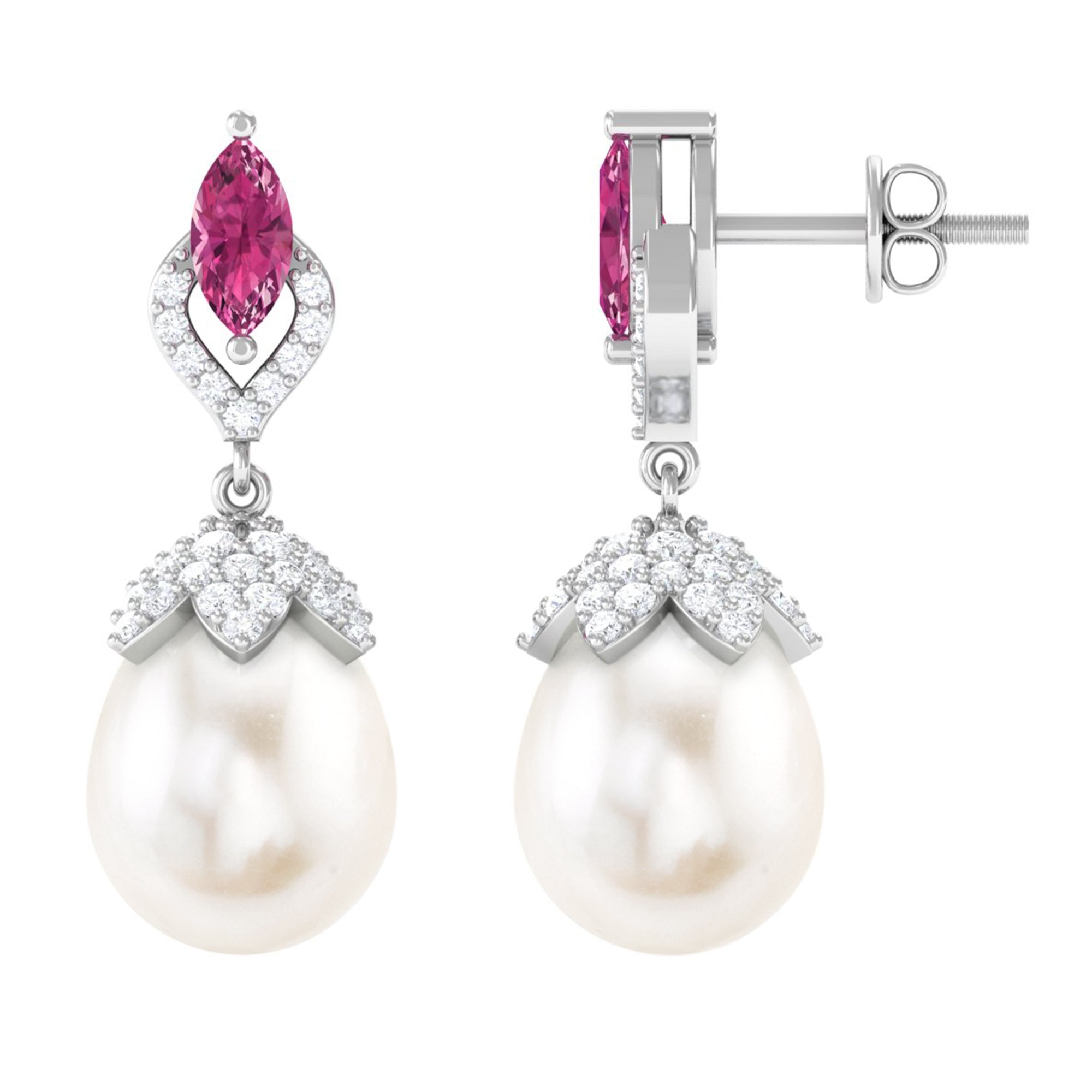 Vintage Style Pearl Drop Earrings with Tourmaline and Moissanite - Arisha Jewels