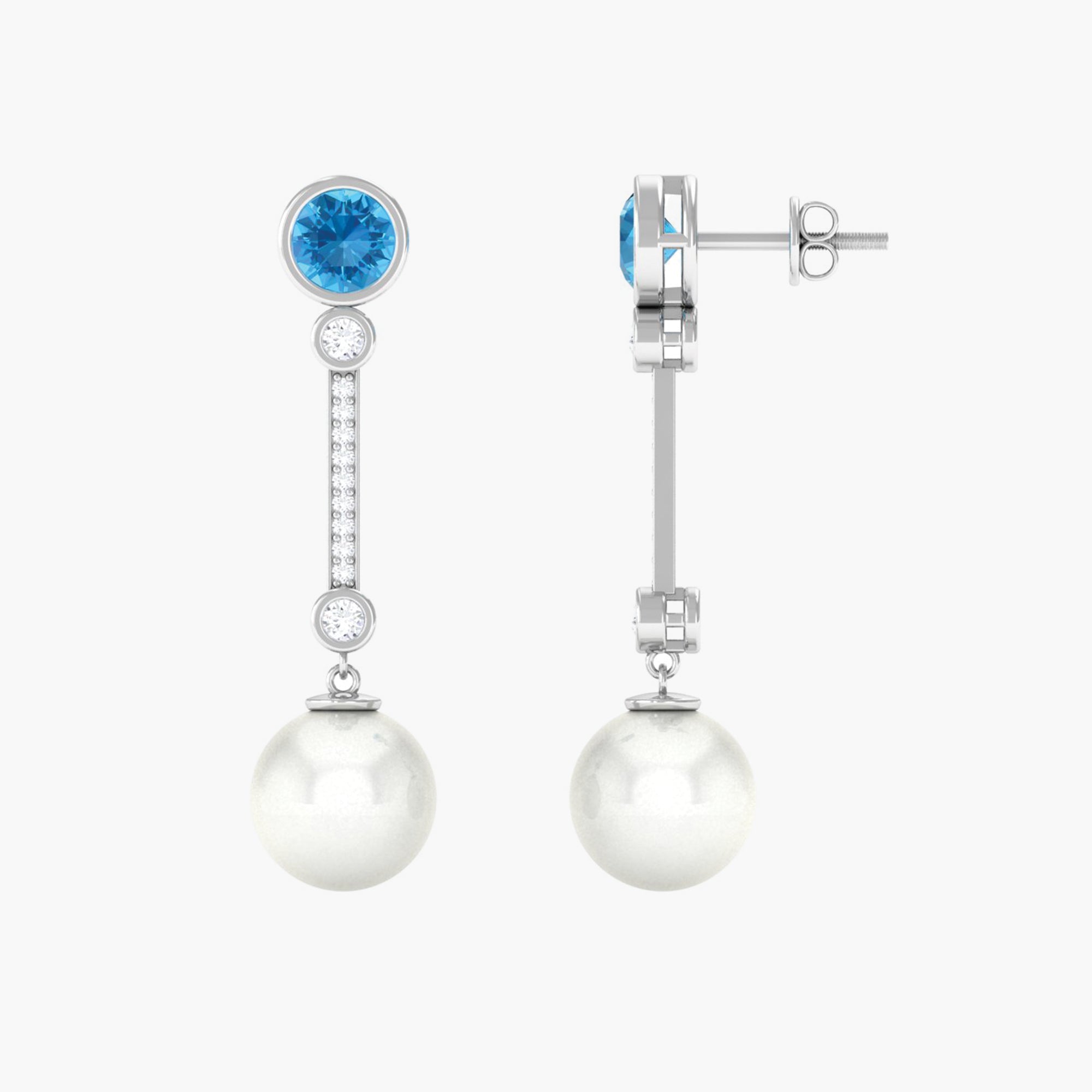 Minimal White Pearl Dangle Earrings with Blue Topaz Freshwater Pearl - ( AAA ) - Quality 92.5 Sterling Silver - Arisha Jewels
