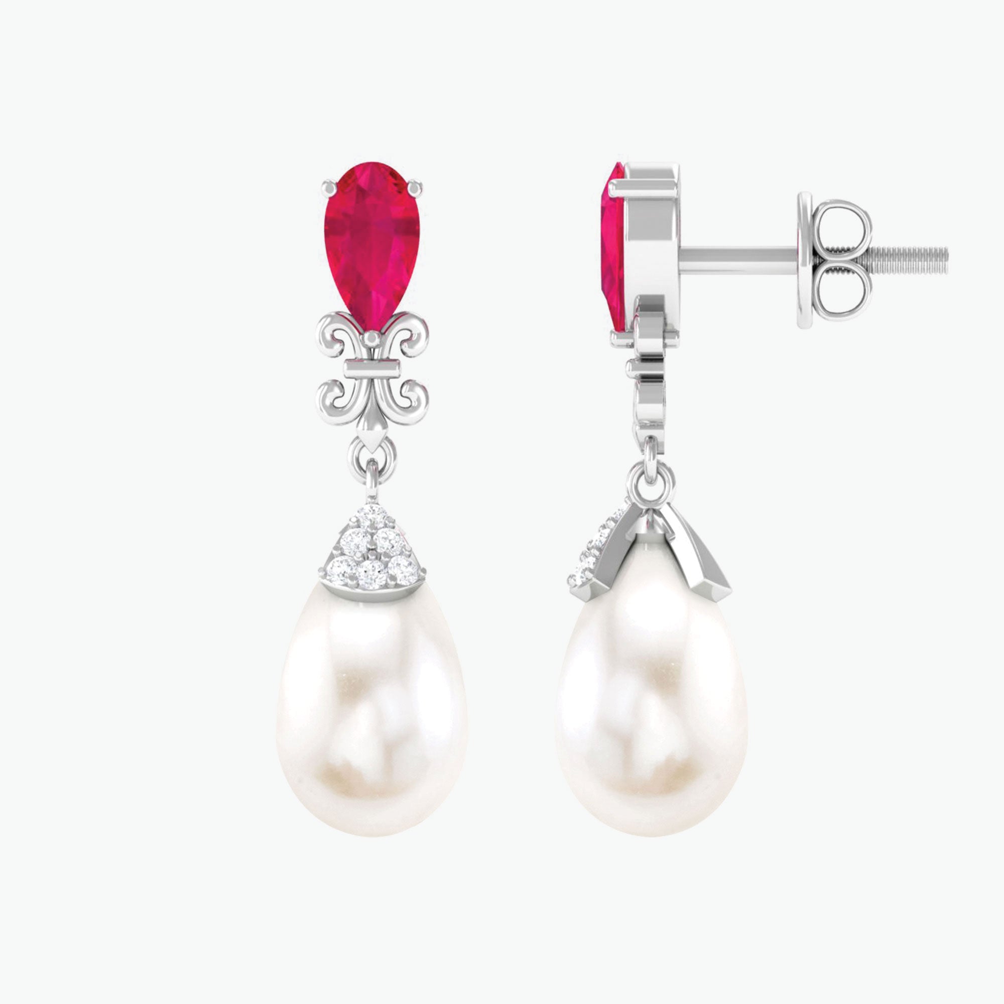Classic Freshwater Pearl Drop Silver Earrings with Created Ruby and Moissanite Freshwater Pearl - ( AAA ) - Quality 92.5 Sterling Silver - Arisha Jewels