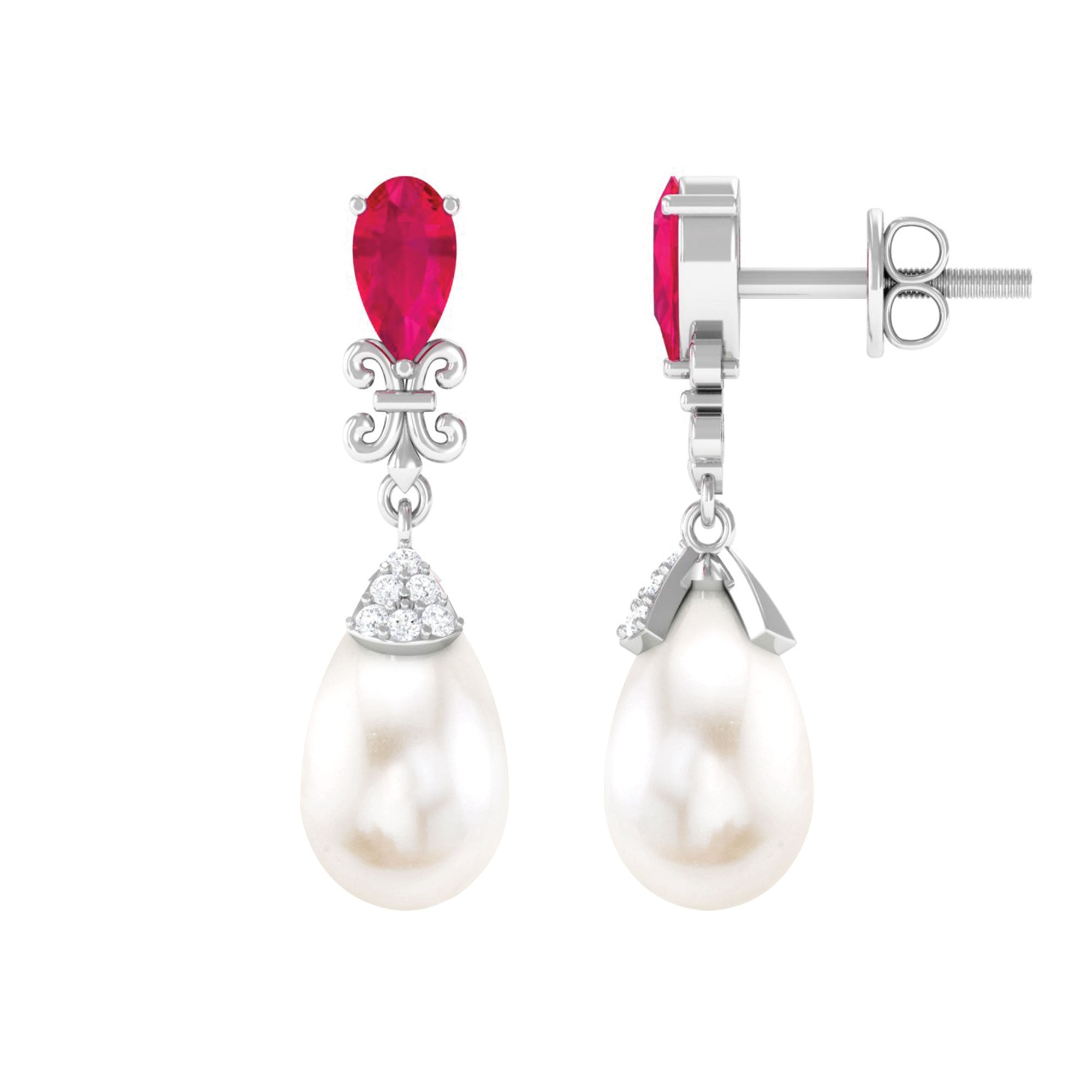 Classic Freshwater Pearl Drop Earrings with Created Ruby and Moissanite Freshwater Pearl - ( AAA ) - Quality - Arisha Jewels