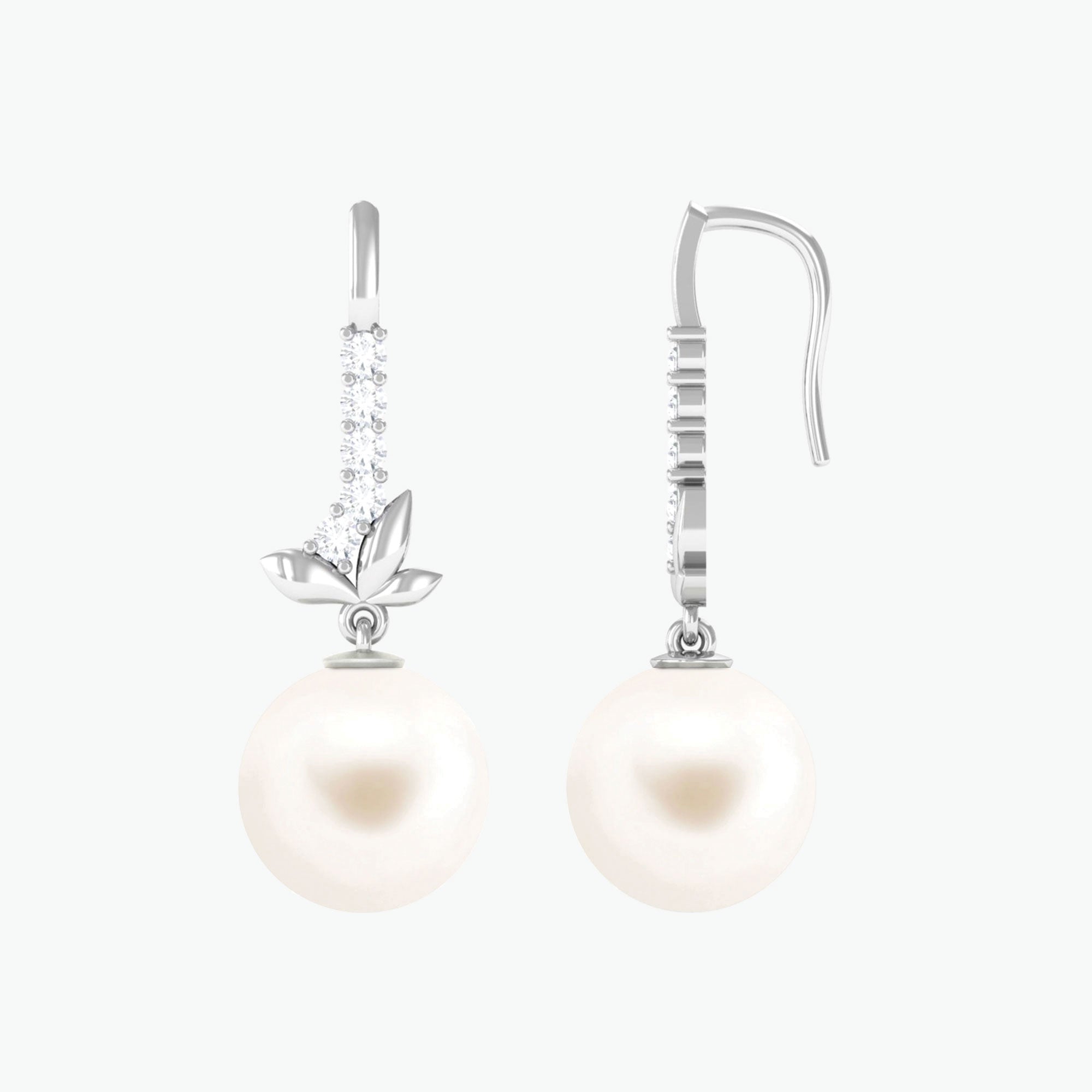 Freshwater Pearl Drop Earrings with Leaf Freshwater Pearl - ( AAA ) - Quality 92.5 Sterling Silver - Arisha Jewels