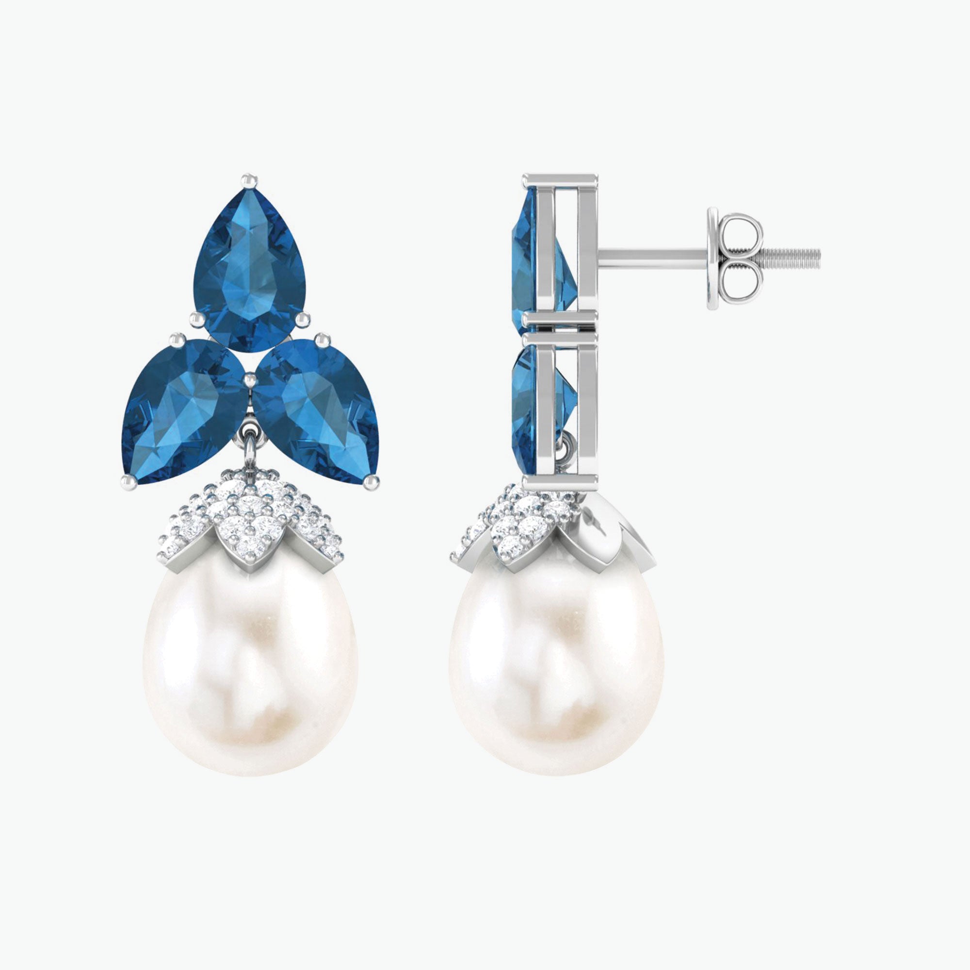 Freshwater Pearl Drop Earrings with Blue Topaz and Moissanite Freshwater Pearl - ( AAA ) - Quality 92.5 Sterling Silver - Arisha Jewels