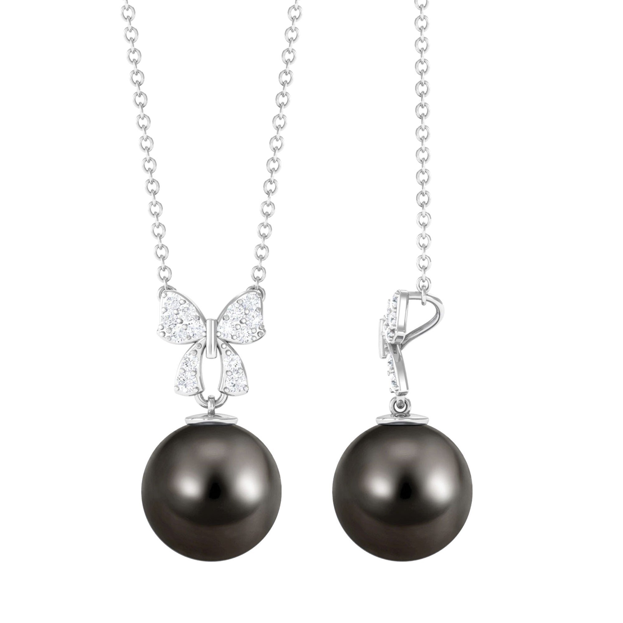 Black Pearl Drop Pendant Necklace with Diamond Bow Tahitian pearl-AAA Quality - Arisha Jewels