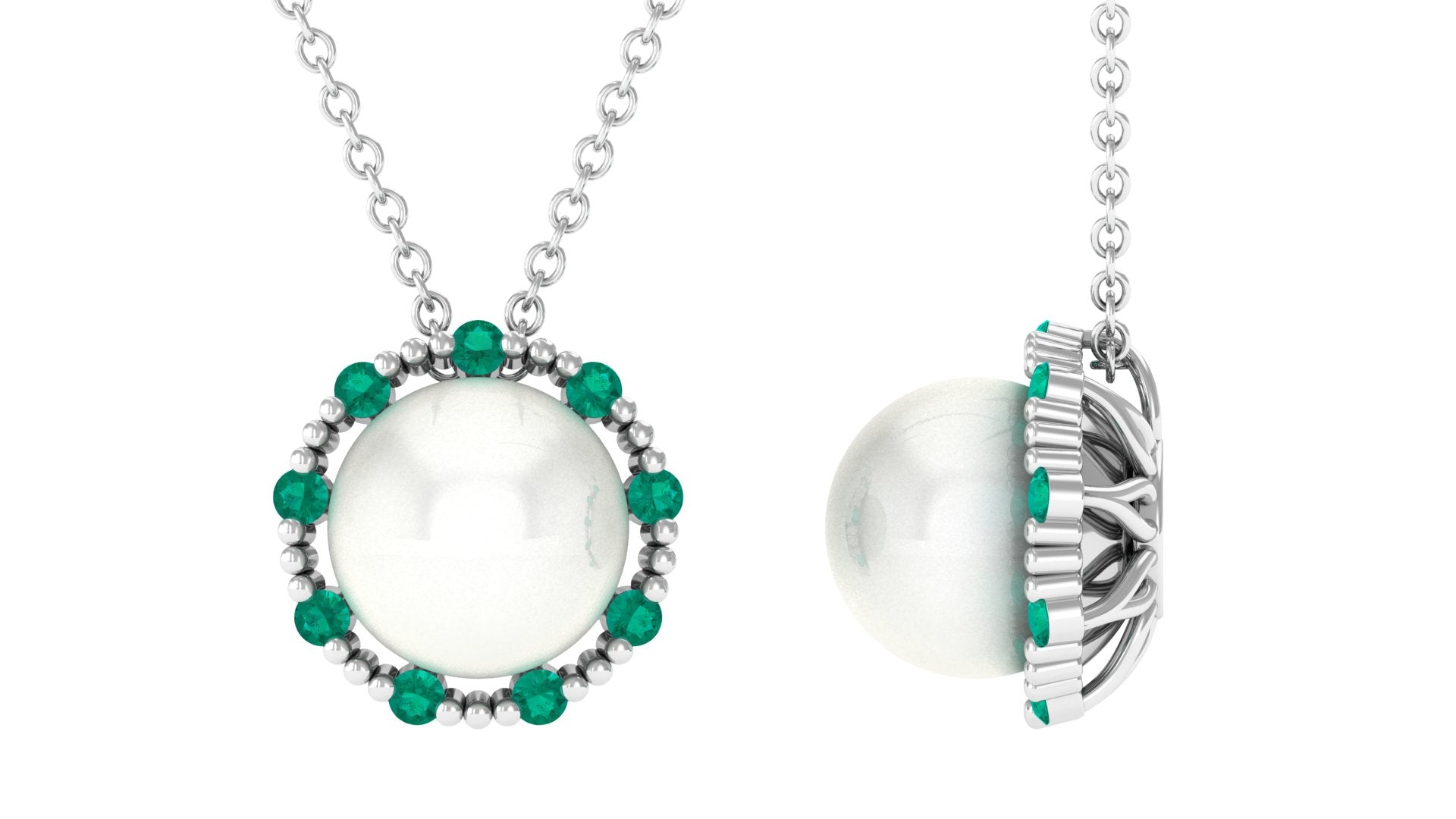 Vintage Style Freshwater Pearl Pendant with Created Emerald - Arisha Jewels