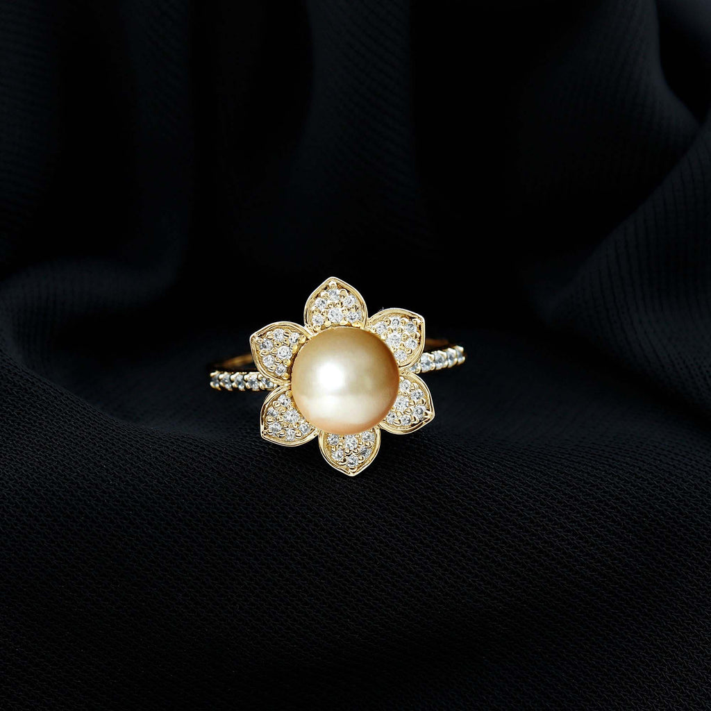 Golden South Sea Pearl Daffodil Flower Ring with Diamond Petals South Sea Pearl-AAAA Quality - Arisha Jewels