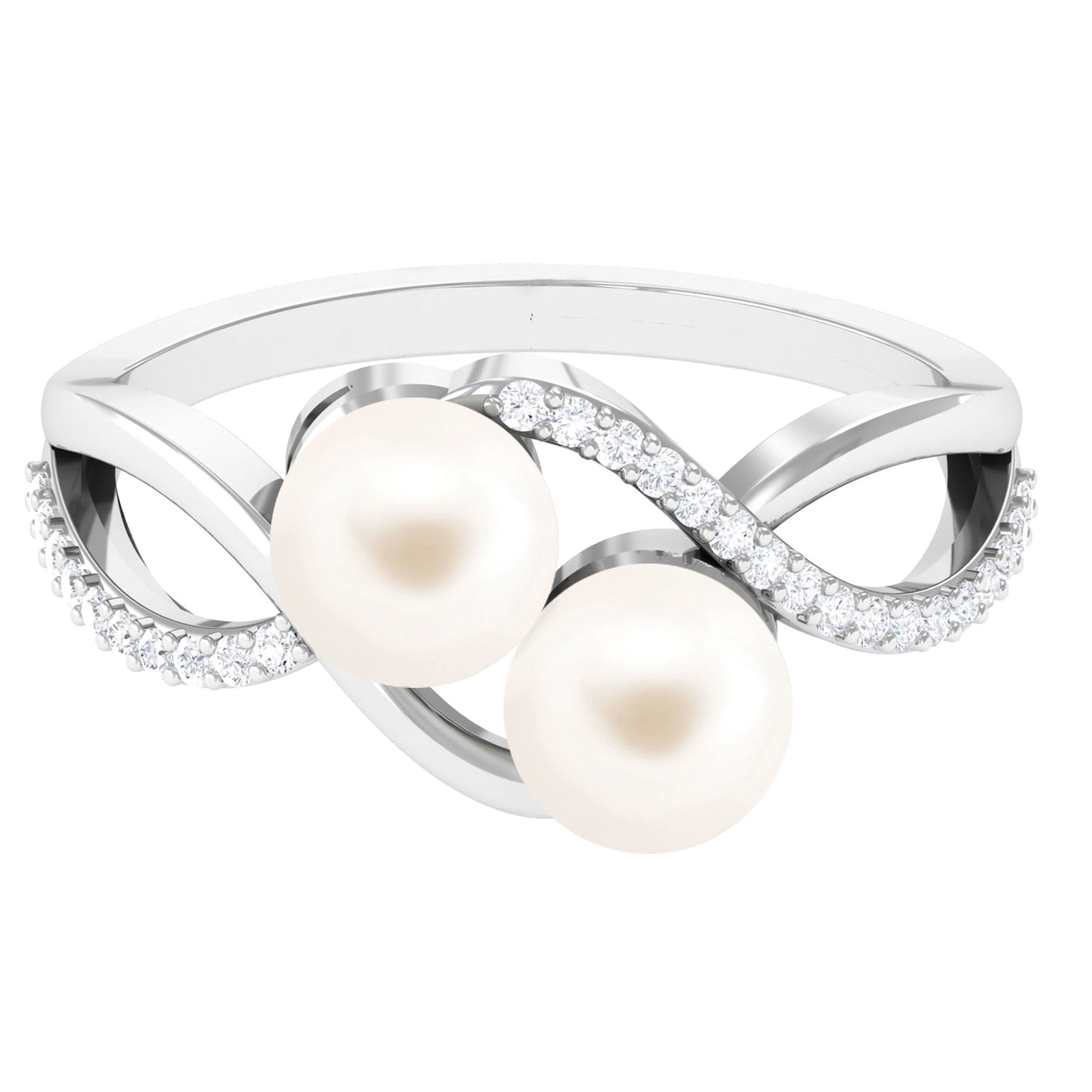 White Freshwater Pearl Two Stone Ring with Diamond Accent Freshwater Pearl-AAA Quality - Arisha Jewels