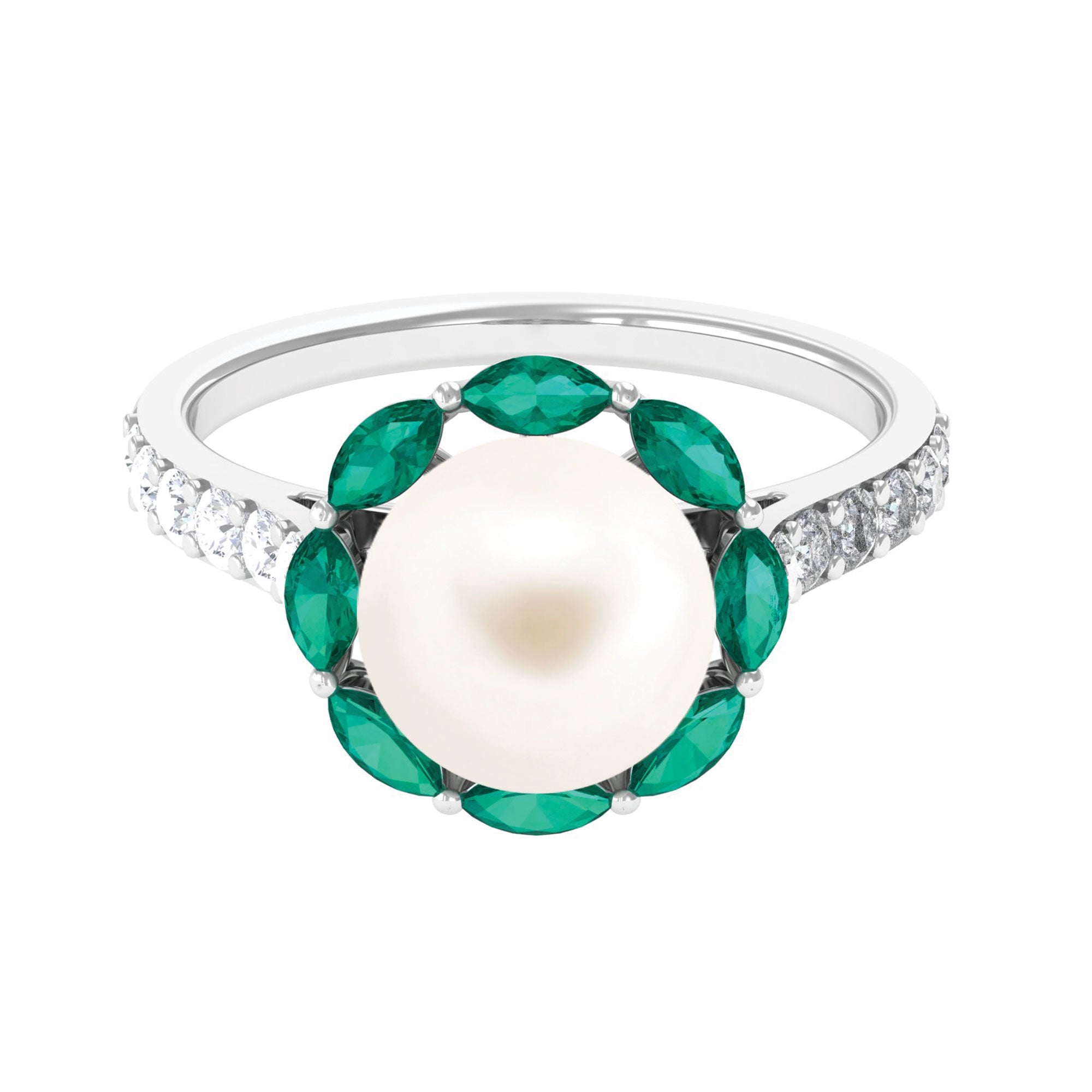 Freshwater Pearl and Emerald Cocktail Halo Engagement Ring with Diamond Freshwater Pearl-AAA Quality - Arisha Jewels