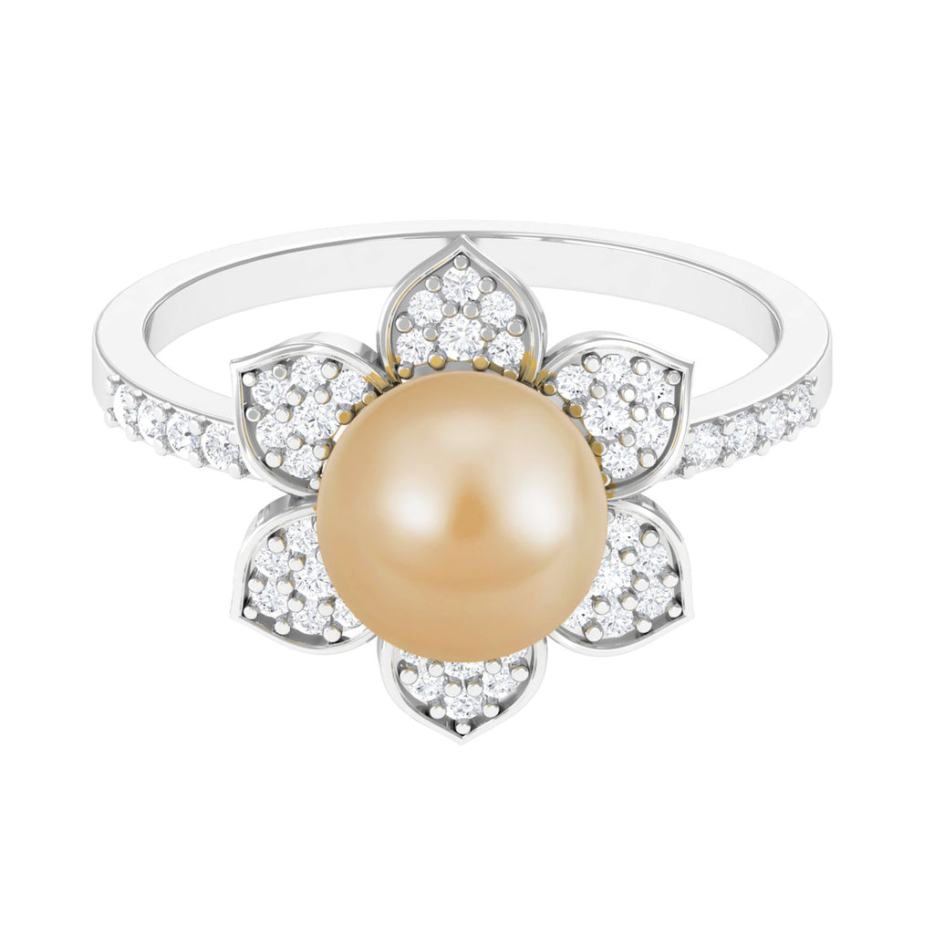 Golden South Sea Pearl Daffodil Flower Ring with Diamond Petals South Sea Pearl-AAA Quality - Arisha Jewels