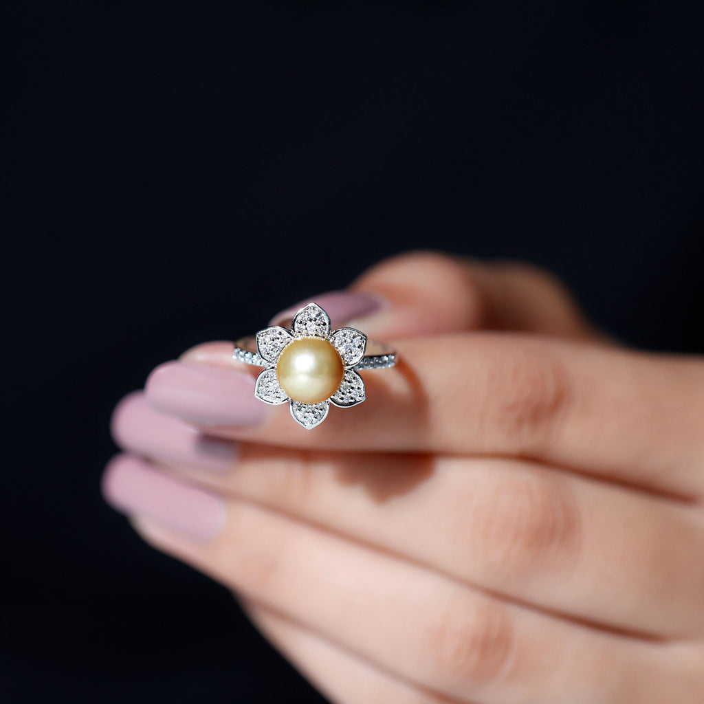 Golden South Sea Pearl Daffodil Flower Ring with Diamond Petals South Sea Pearl-AAA Quality - Arisha Jewels