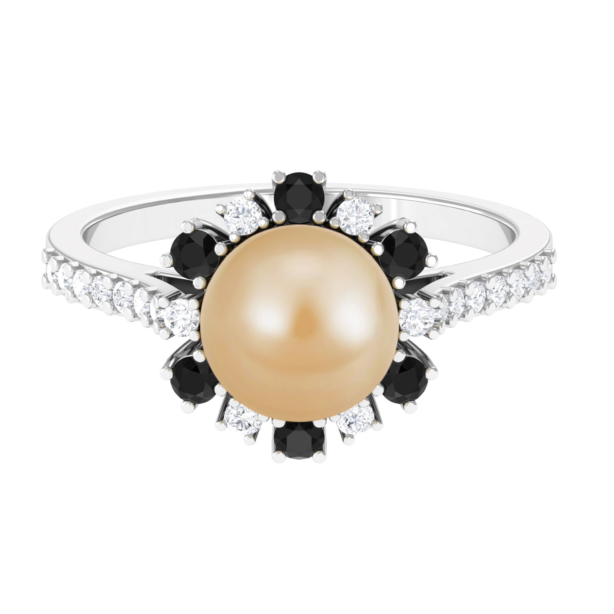 Golden Pearl Floral Halo Ring with Black and White Diamond South Sea Pearl-AAA Quality - Arisha Jewels