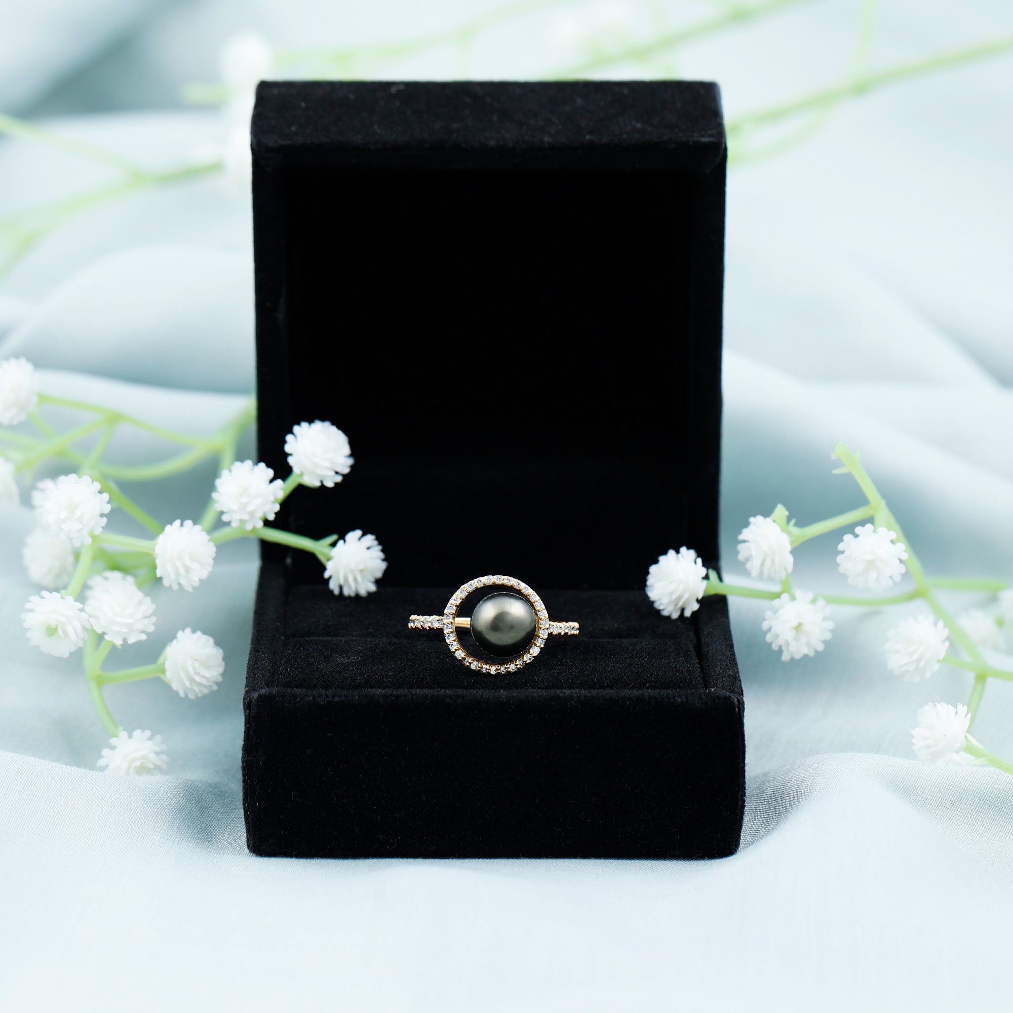 Black Pearl Open Circle Ring with Diamond Tahitian pearl-AAA Quality - Arisha Jewels