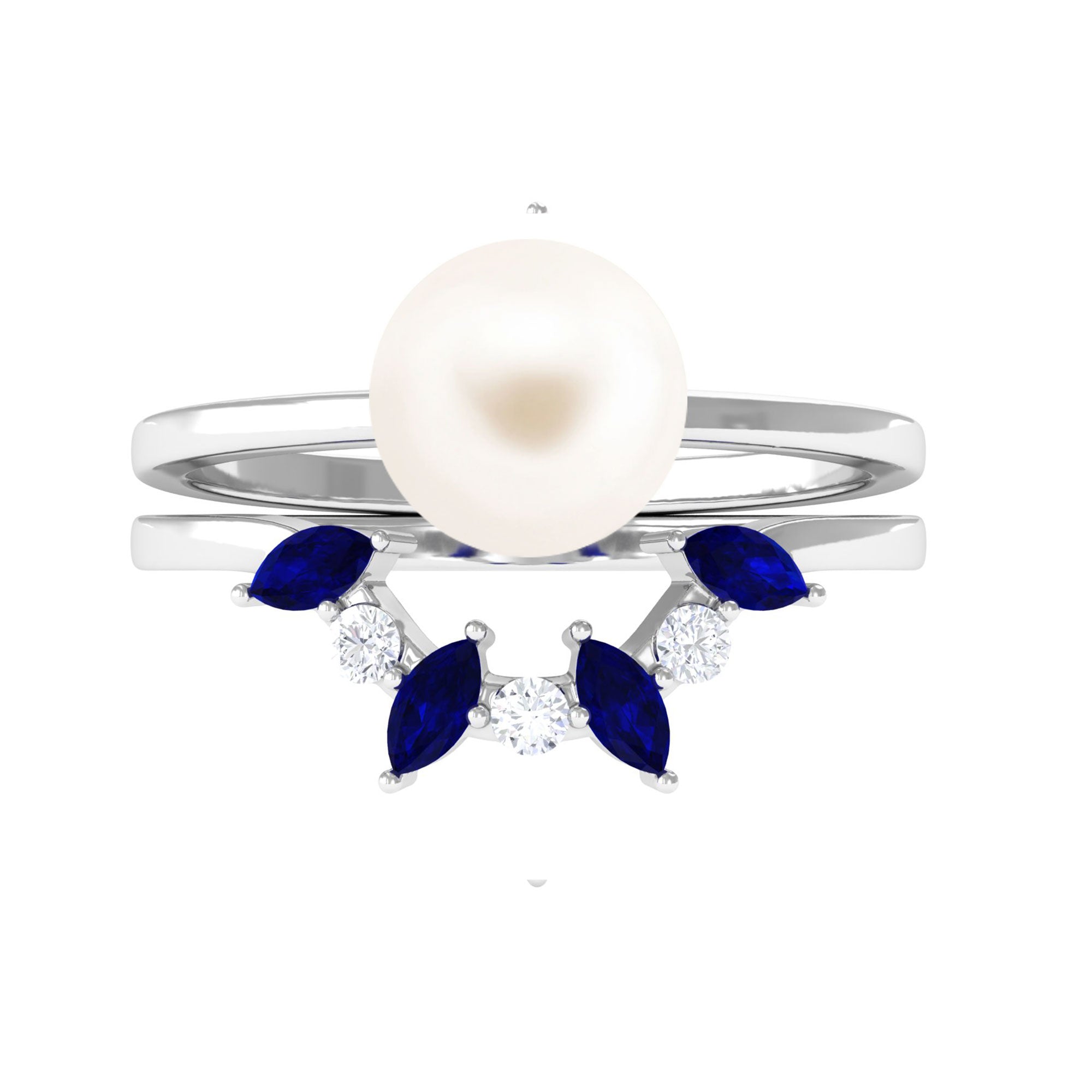 White Pearl Solitaire Ring Set with Blue Sapphire and Diamond Freshwater Pearl-AAA Quality - Arisha Jewels