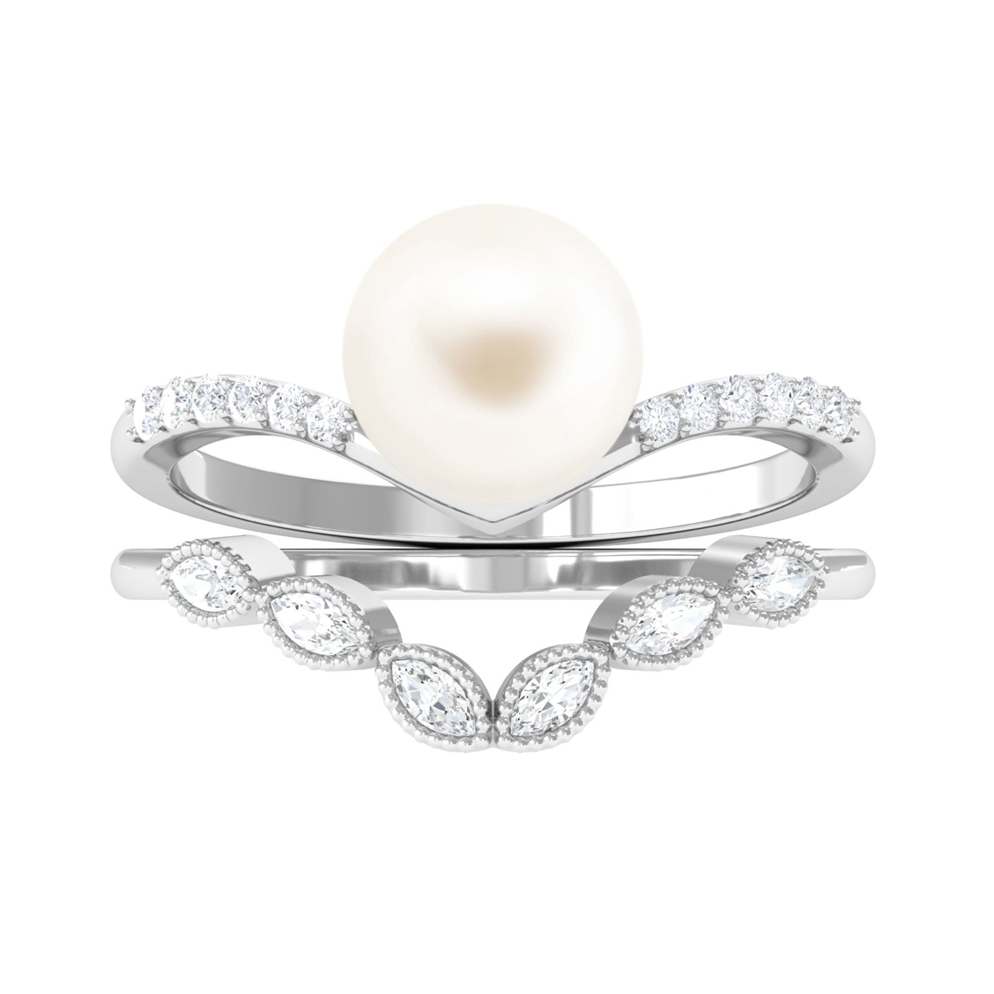 Vintage Inspired White Pearl Bridal Ring Set with Diamond Freshwater Pearl-AAA Quality - Arisha Jewels