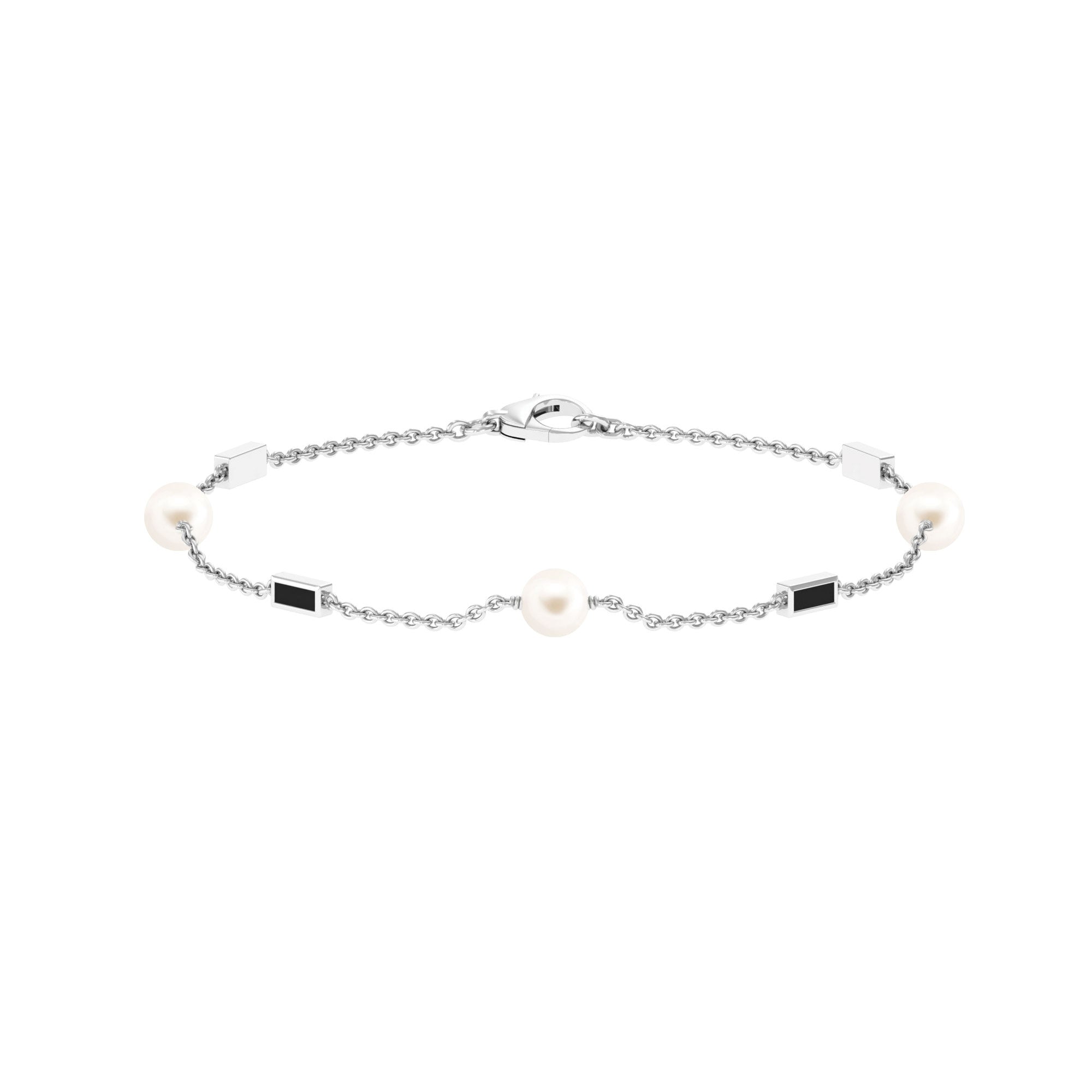 Freshwater Pearl Station Chain Bracelet with Black Enamel Freshwater Pearl-AAA Quality - Arisha Jewels