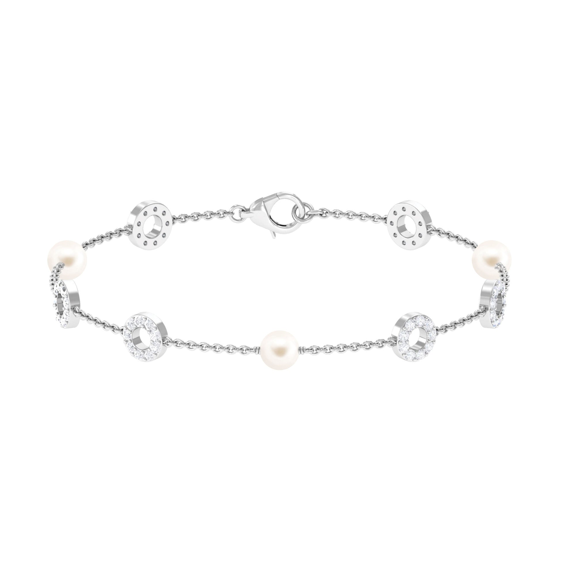 Minimal Freshwater Pearl Station Chain Bracelet with Diamond Freshwater Pearl-AAA Quality - Arisha Jewels