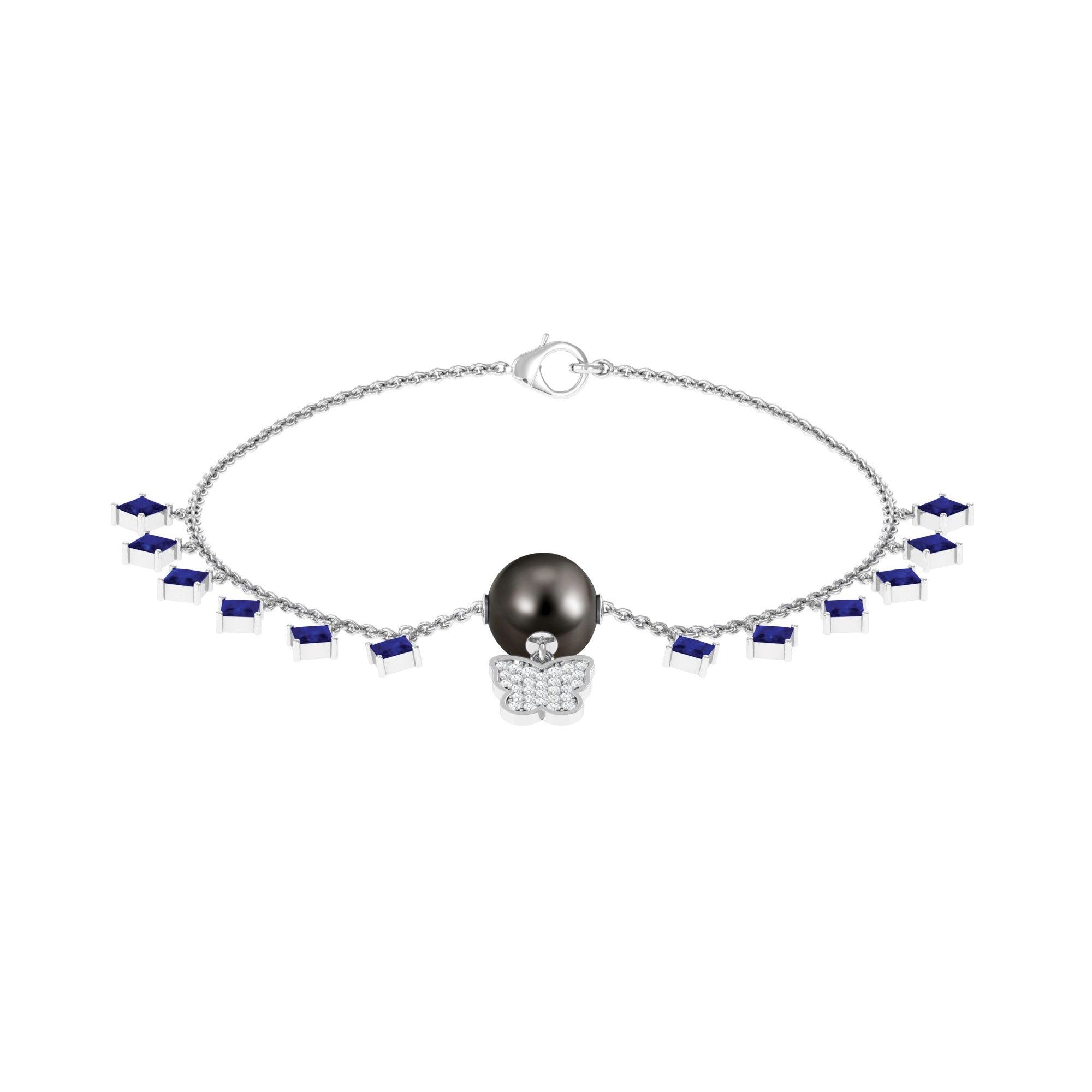 Tahitian Pearl Butterfly Charm Bracelet with Sapphire and Diamond Tahitian pearl-AAA Quality - Arisha Jewels