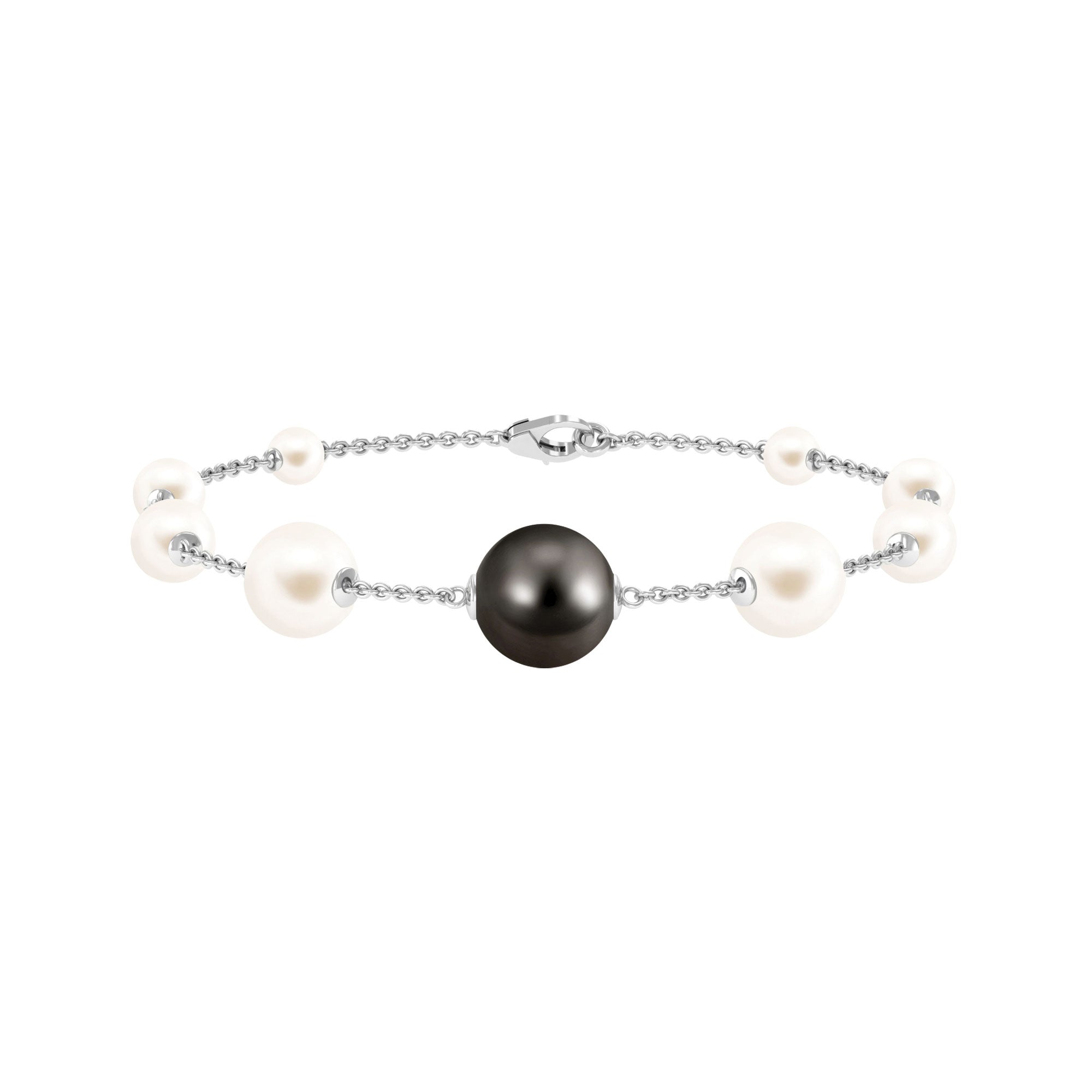 Black and White Pearl Station Chain Bracelet Tahitian pearl-AAA Quality - Arisha Jewels