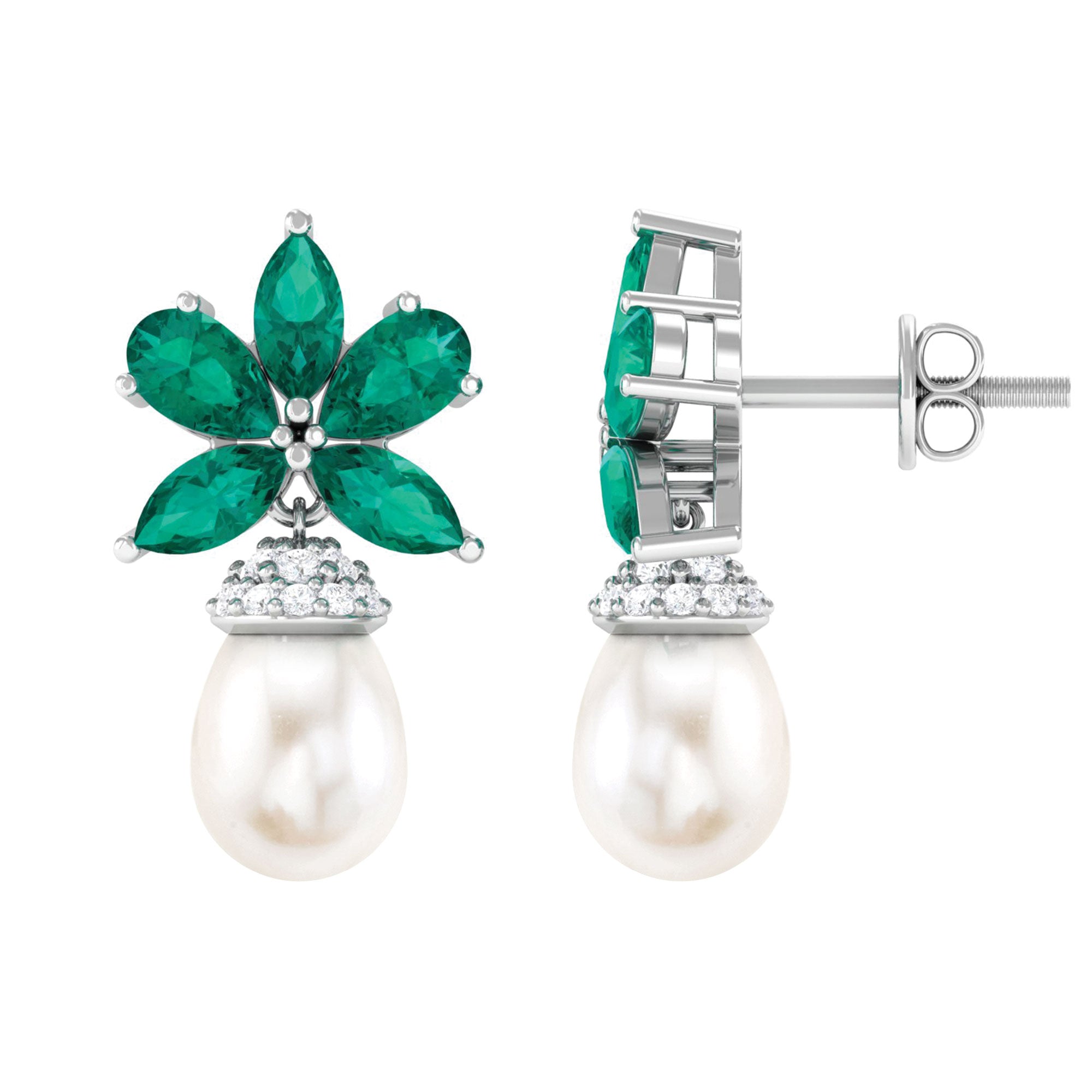 Flower Inspired Pearl Drop Earrings with Emerald Freshwater Pearl - ( AAA ) - Quality - Arisha Jewels