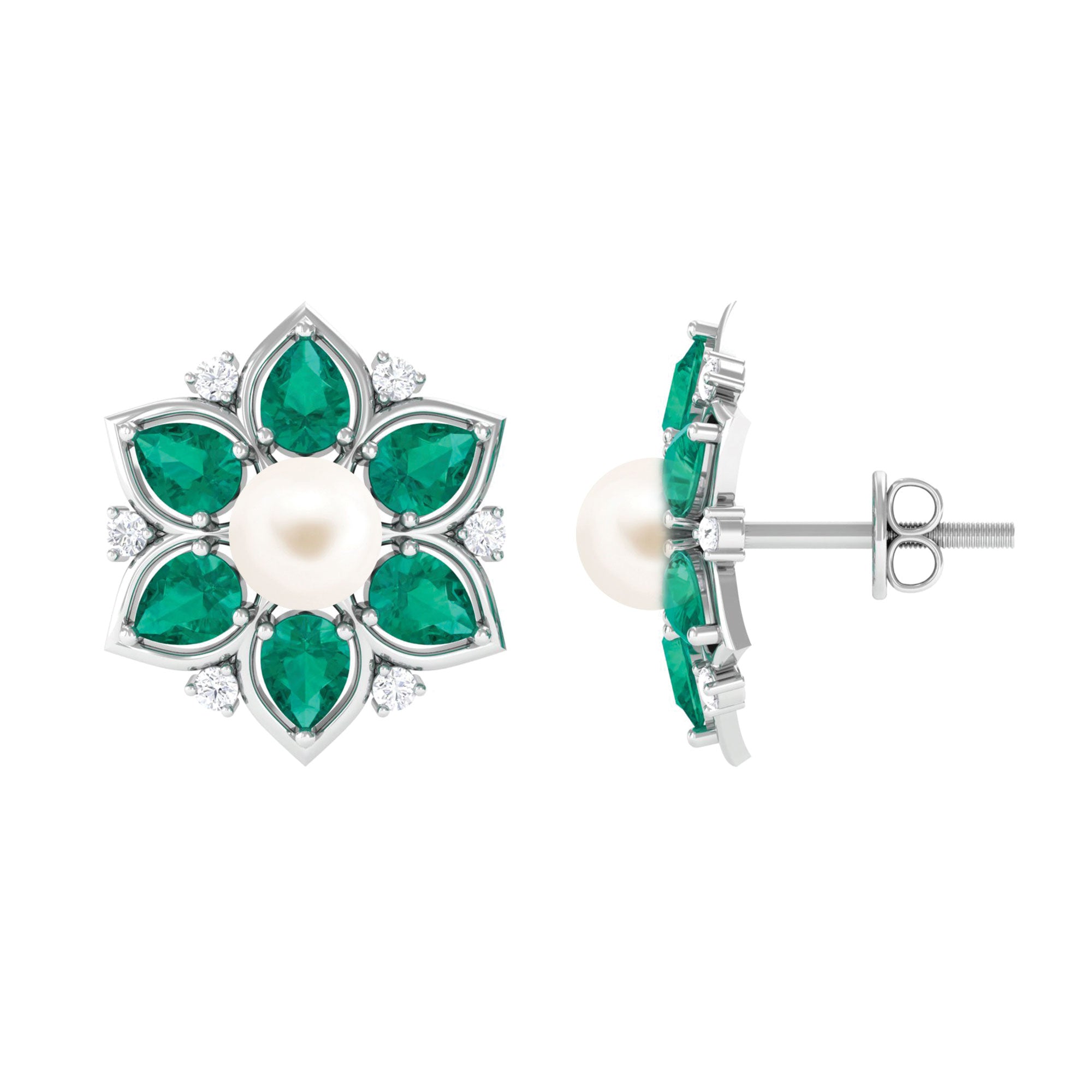 Flower Inspired Freshwater Pearl Stud Earrings with Emerald Freshwater Pearl-AAA Quality 5 MM - Arisha Jewels