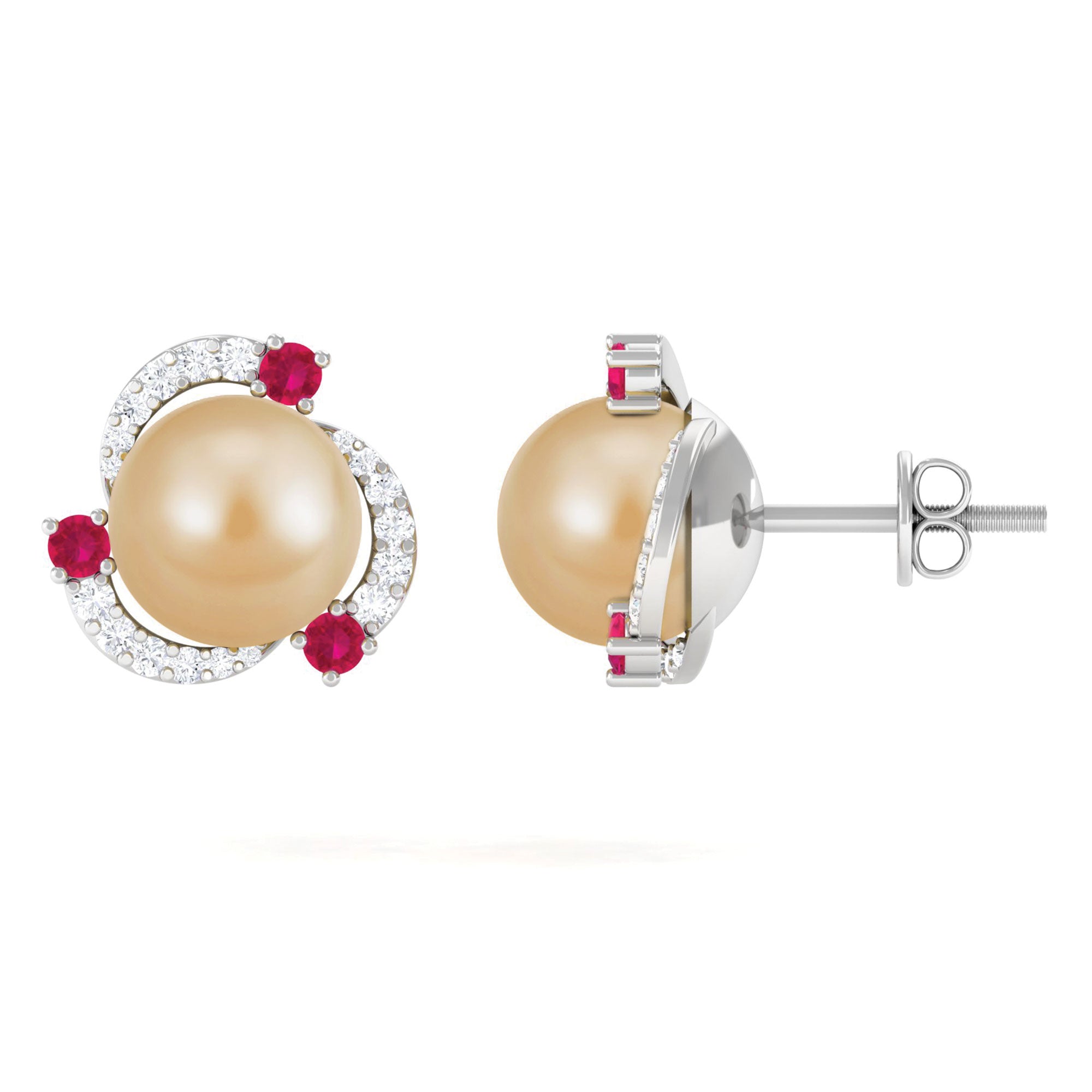 Round South Sea Pearl Swirl Stud Earrings with Ruby and Diamond South Sea Pearl-AAA Quality - Arisha Jewels