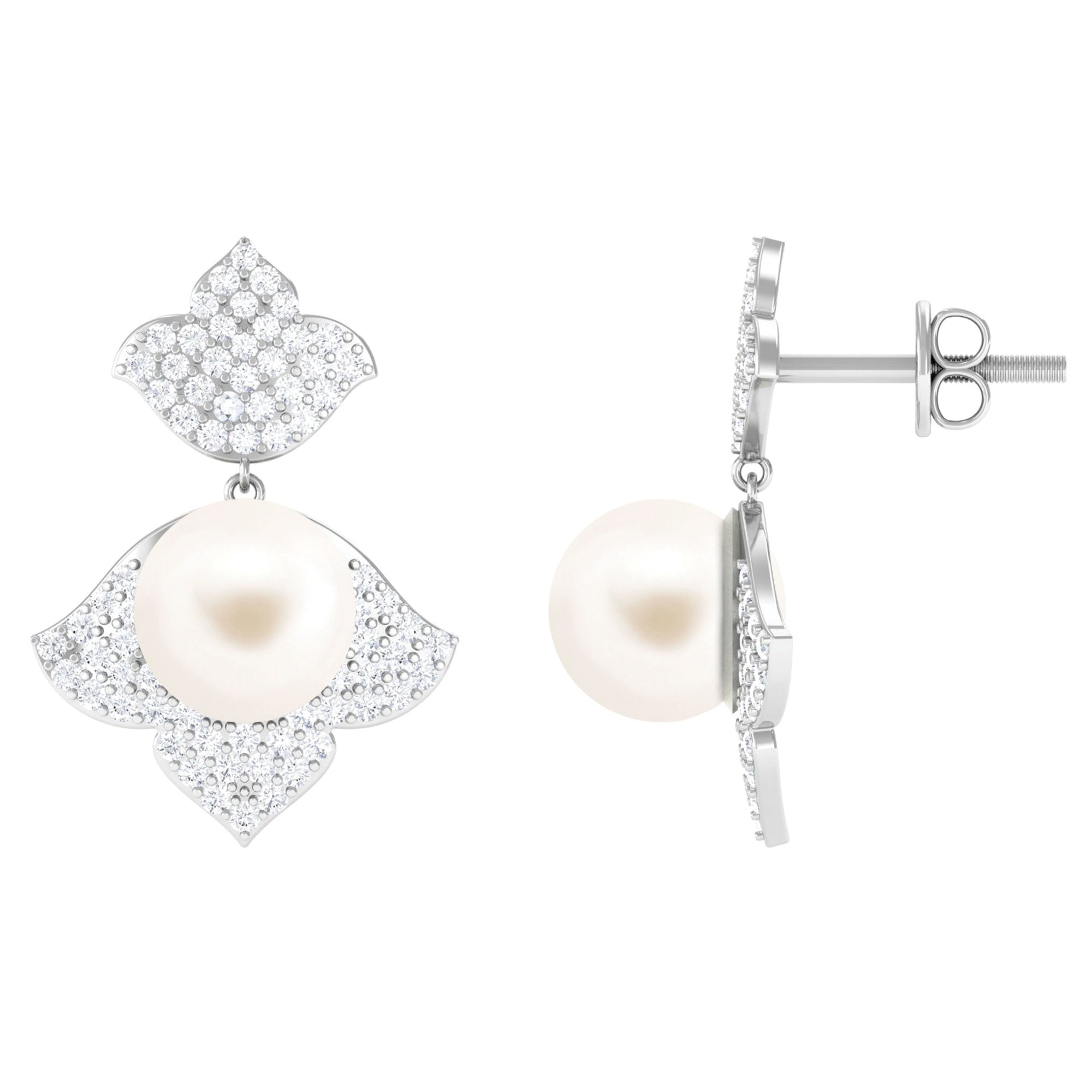 Nature Inspired Freshwater Pearl Dangle Earrings with Diamond Freshwater Pearl-AAA Quality - Arisha Jewels