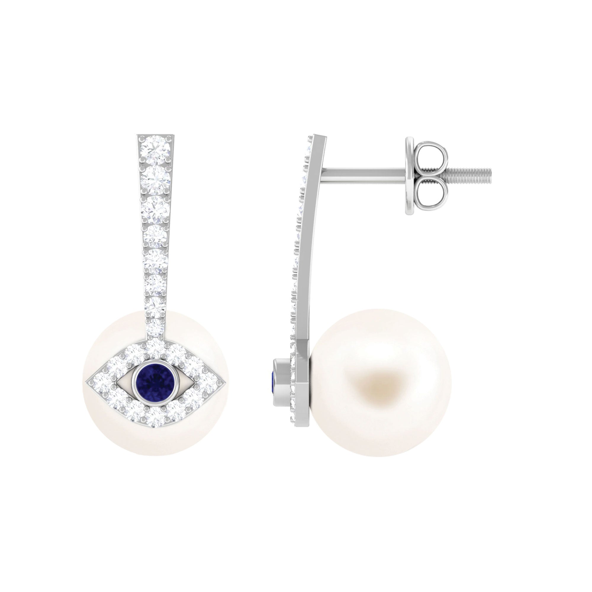 Freshwater Pearl Evil Eye Drop Earrings with Sapphire and Diamond Freshwater Pearl-AAA Quality - Arisha Jewels
