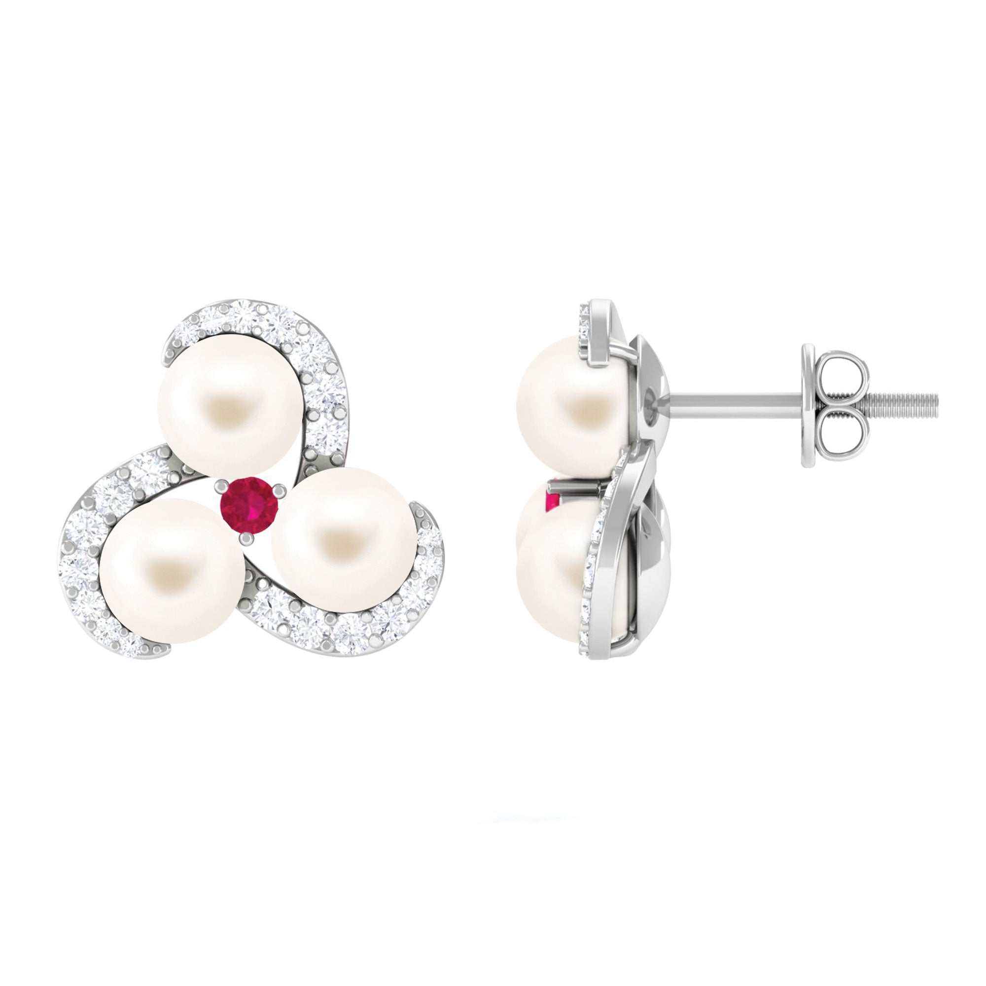 Freshwater Pearl Cluster Stud Earrings with Ruby and Diamond Freshwater Pearl-AAA Quality - Arisha Jewels