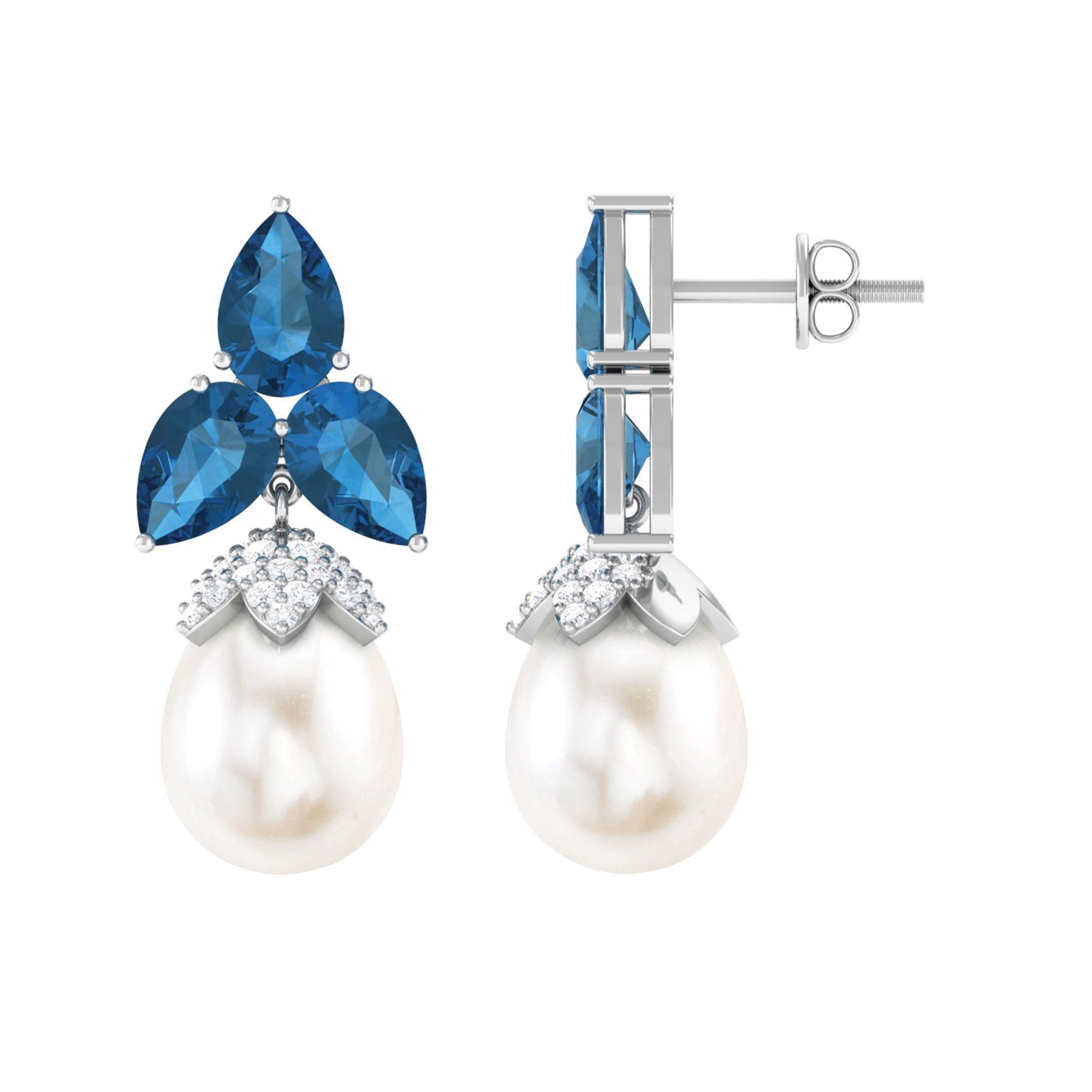 Freshwater Pearl Drop Earrings with London Blue Topaz and Diamond Freshwater Pearl-AAA Quality - Arisha Jewels