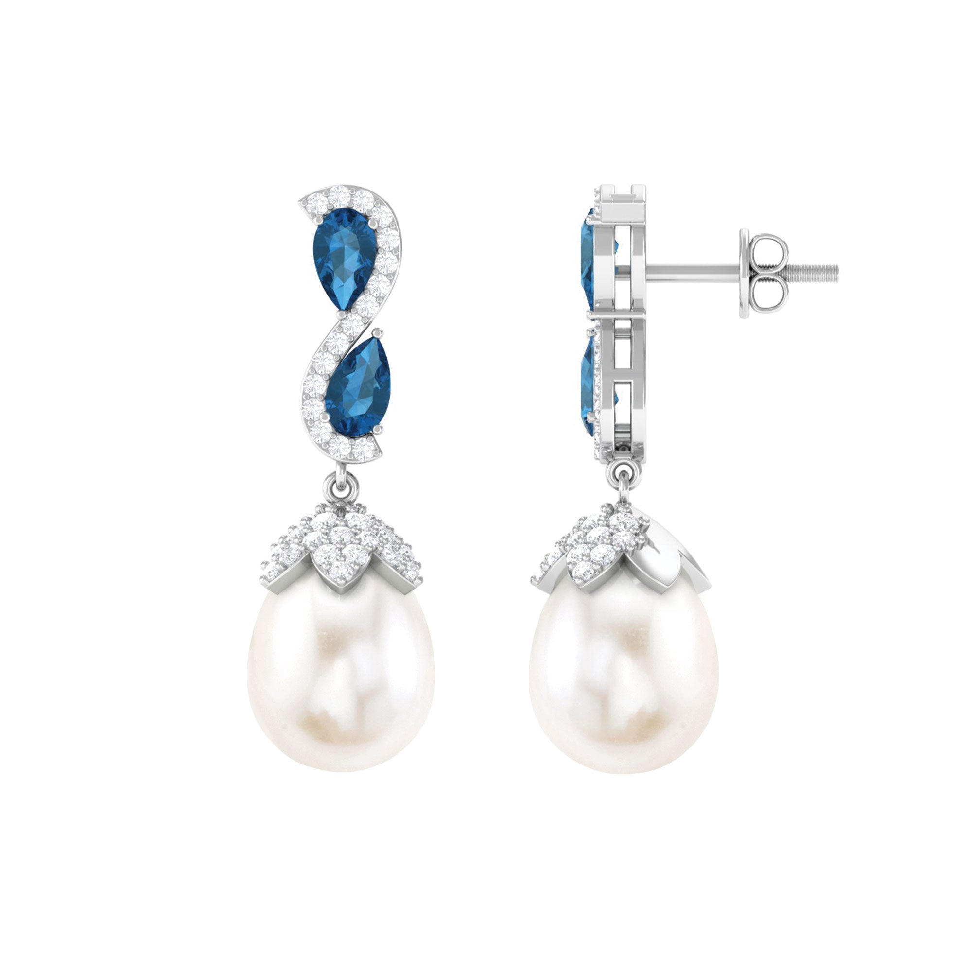 Pearl Drop Earrings with London Blue Topaz and Diamond Freshwater Pearl-AAA Quality - Arisha Jewels