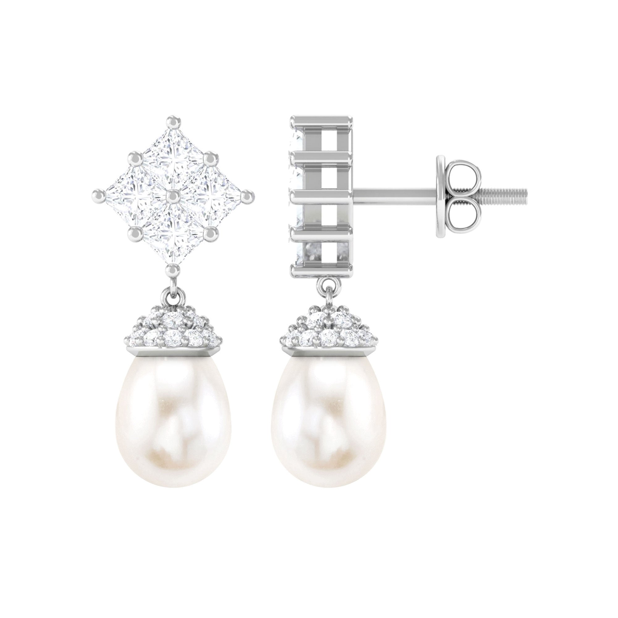 Natural Freshwater Pearl Drop Earrings with Diamond Cluster Freshwater Pearl - ( AAA ) - Quality - Arisha Jewels