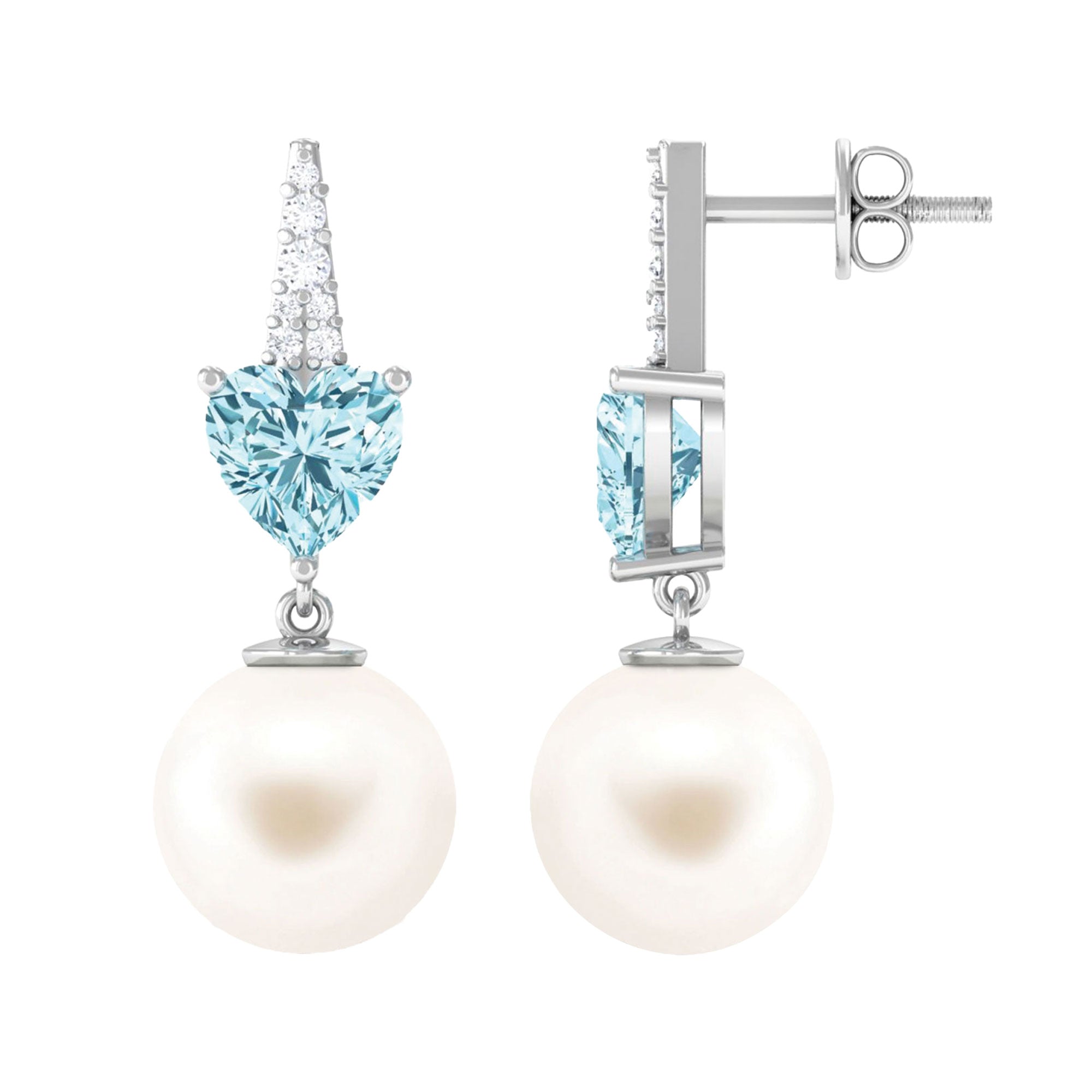 White Freshwater Pearl Drop Earrings with Aquamarine and Diamond Freshwater Pearl-AAA Quality - Arisha Jewels