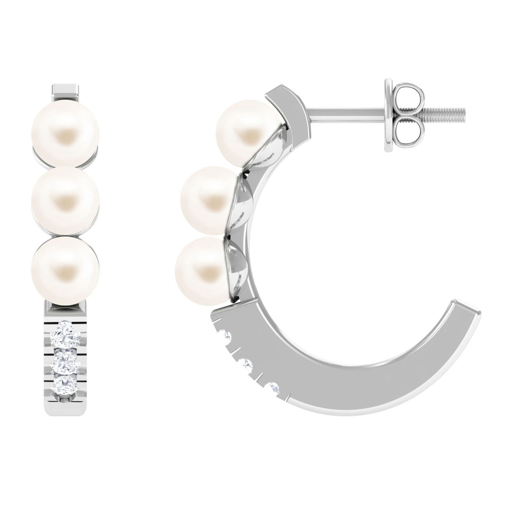 Classic Freshwater Pearl Half Hoop Earrings with Diamond Freshwater Pearl-AAA Quality - Arisha Jewels