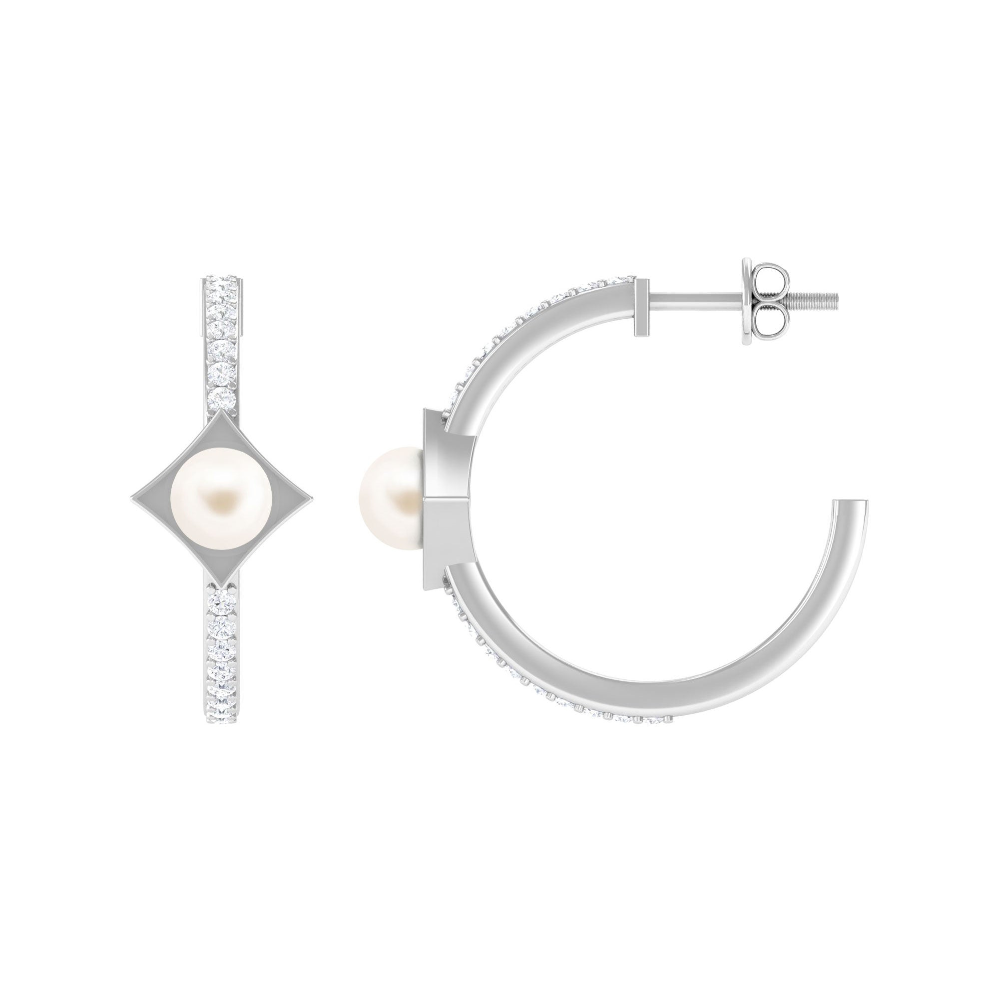Elegant White Pearl Half Hoop Earrings with Diamond Freshwater Pearl-AAA Quality - Arisha Jewels