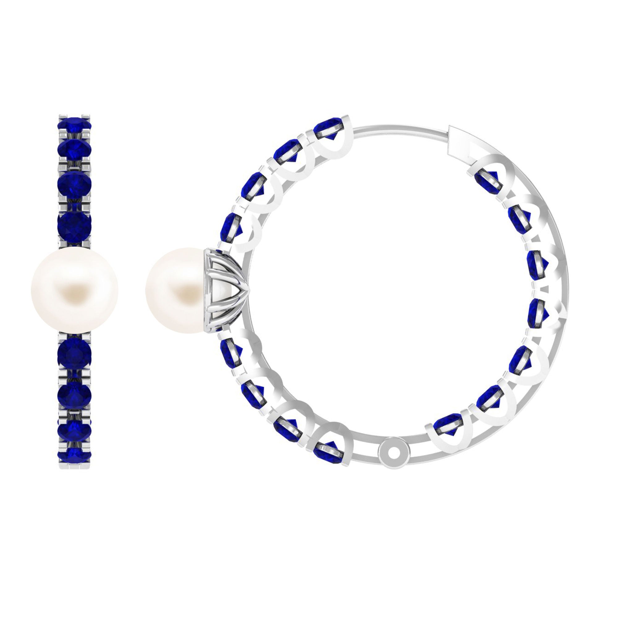 Freshwater Pearl Hoop Earrings with Blue Sapphire Freshwater Pearl-AAA Quality - Arisha Jewels