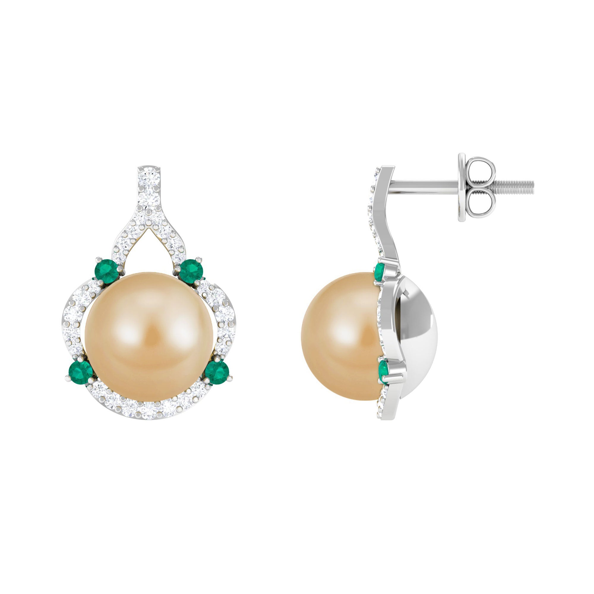 Vintage Golden Pearl Drop Earrings with Emerald and Diamond South Sea Pearl - ( AAA ) - Quality - Arisha Jewels