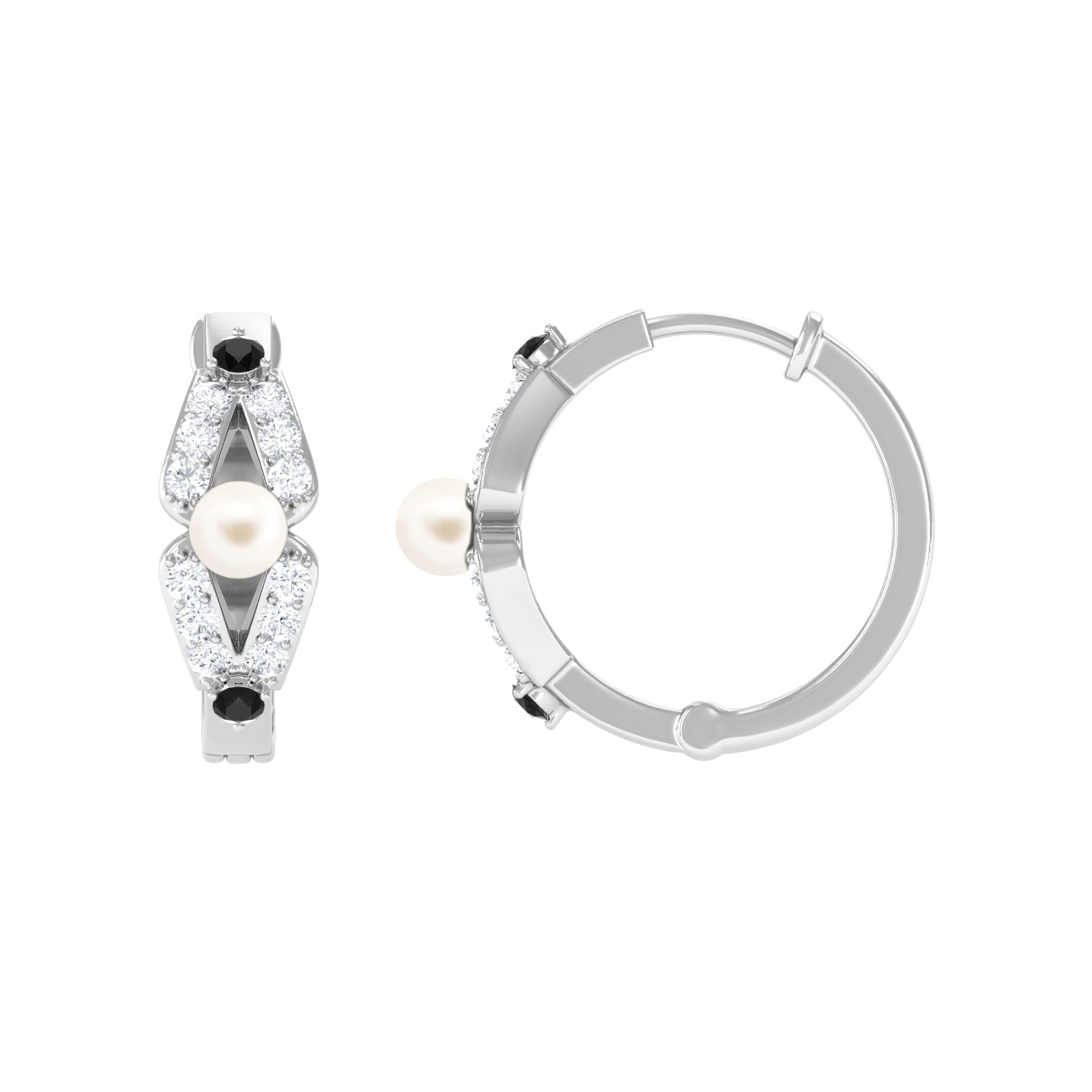 Classic White Pearl Hoop Earrings with Black and White Diamond Freshwater Pearl-AAA Quality - Arisha Jewels