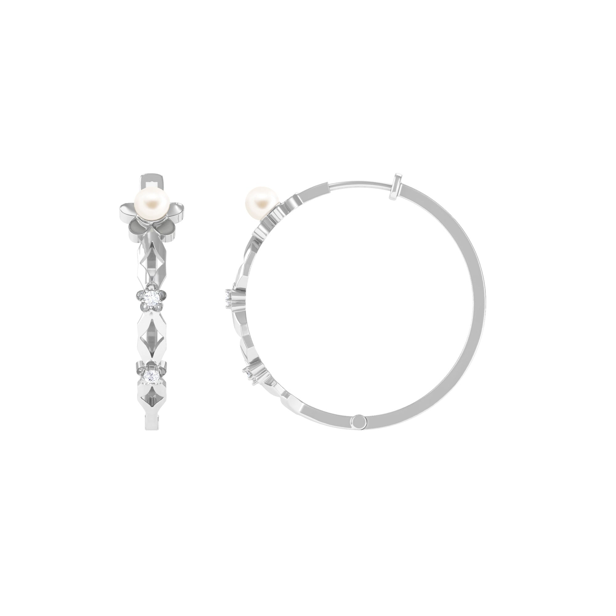 Nature Inspired White Pearl Floral Inspired Hoop Earrings with Diamond Freshwater Pearl-AAA Quality - Arisha Jewels