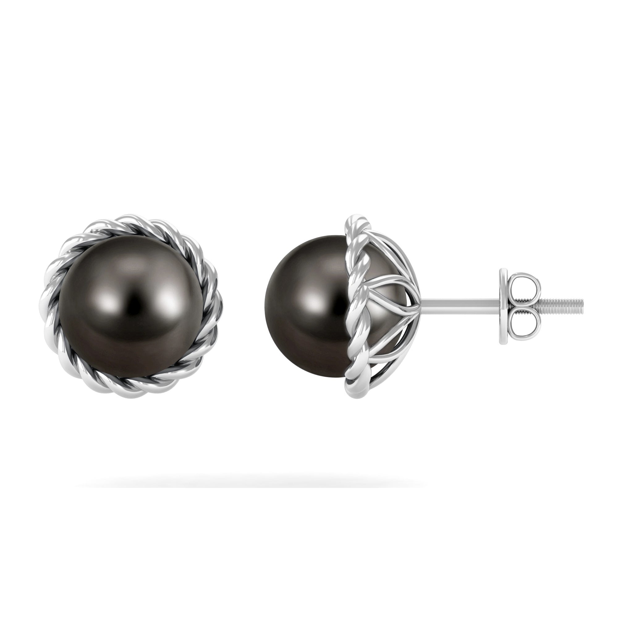 Round Black Tahitian Pearl Solitaire Stud Earrings Tahitian pearl - ( AAA ) - Quality - Arisha Jewels